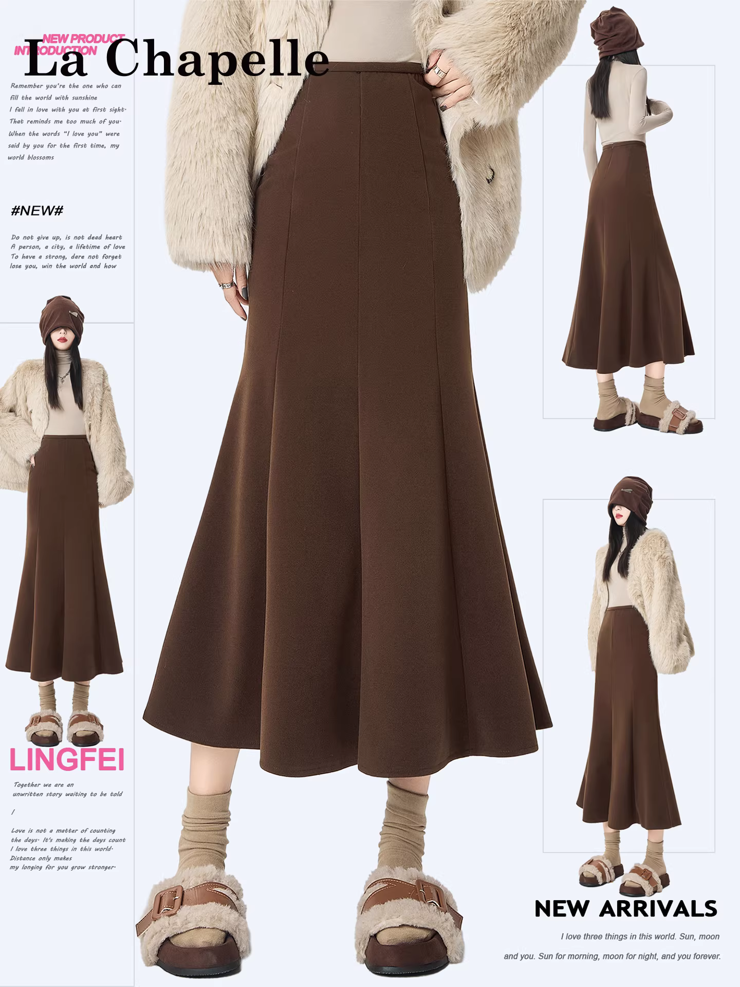 Váy len dày màu cà phê La Chapelle dành cho nữ, kiểu dáng mới thu đông 2025, cạp cao, dáng chữ A, dài ngang đùi, đuôi cá