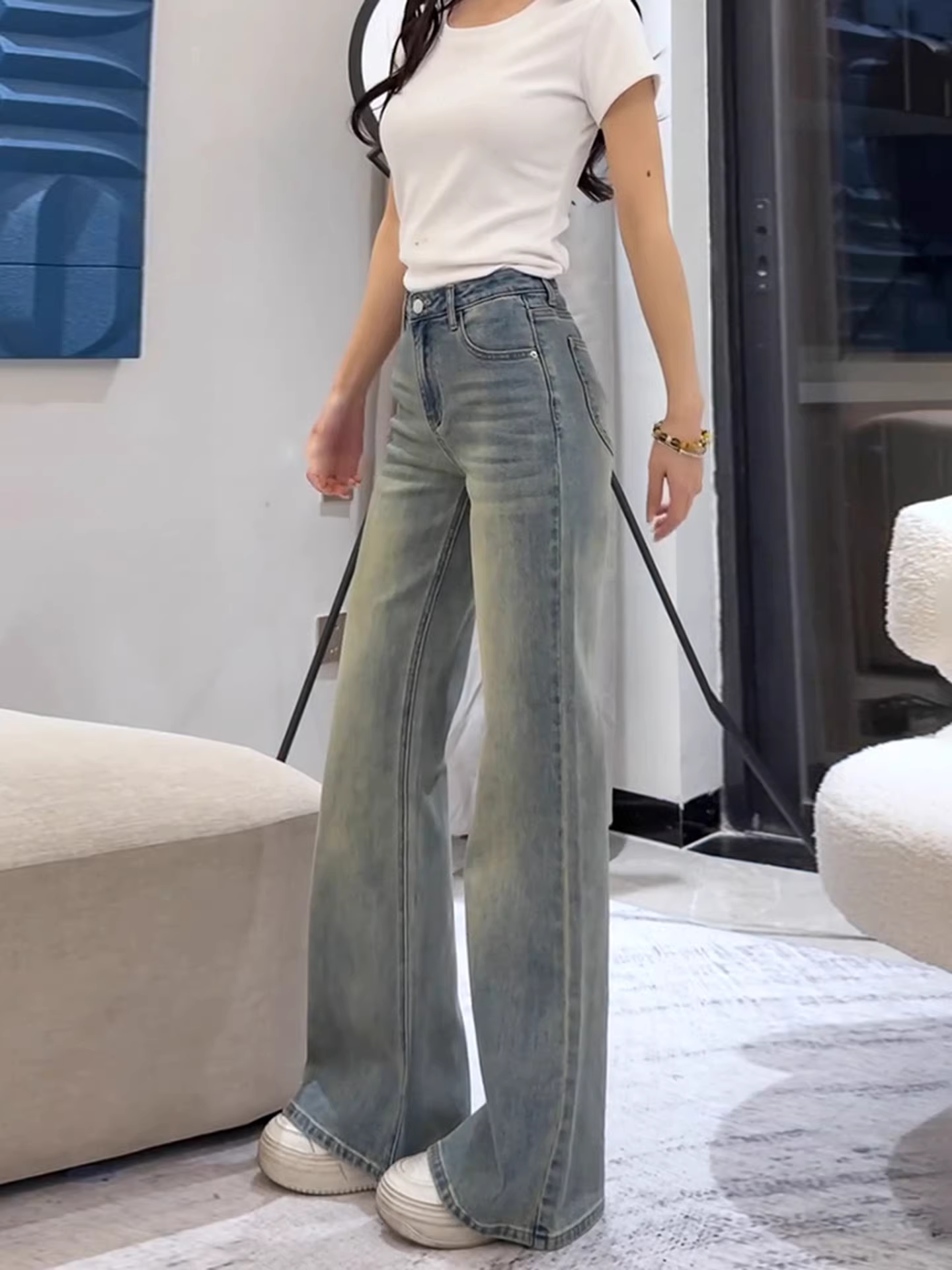 Quần jeans bootcut La Chapelle kiểu retro dành cho nữ, mẫu mới thu đông 2025, cạp cao, chất liệu co giãn, dáng loe