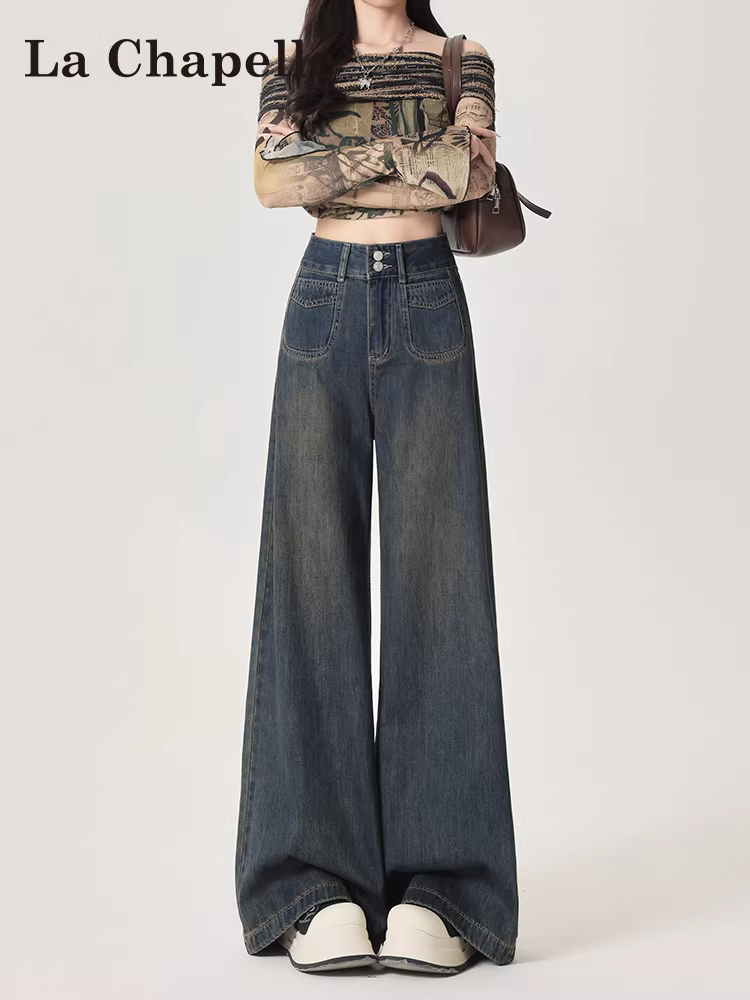 Quần jean ống rộng lưng cao lót lông cừu La Chapelle dành cho nữ, mùa thu đông, dáng nhỏ nhắn, cổ điển, rộng rãi, quần thẳng dài đến sàn