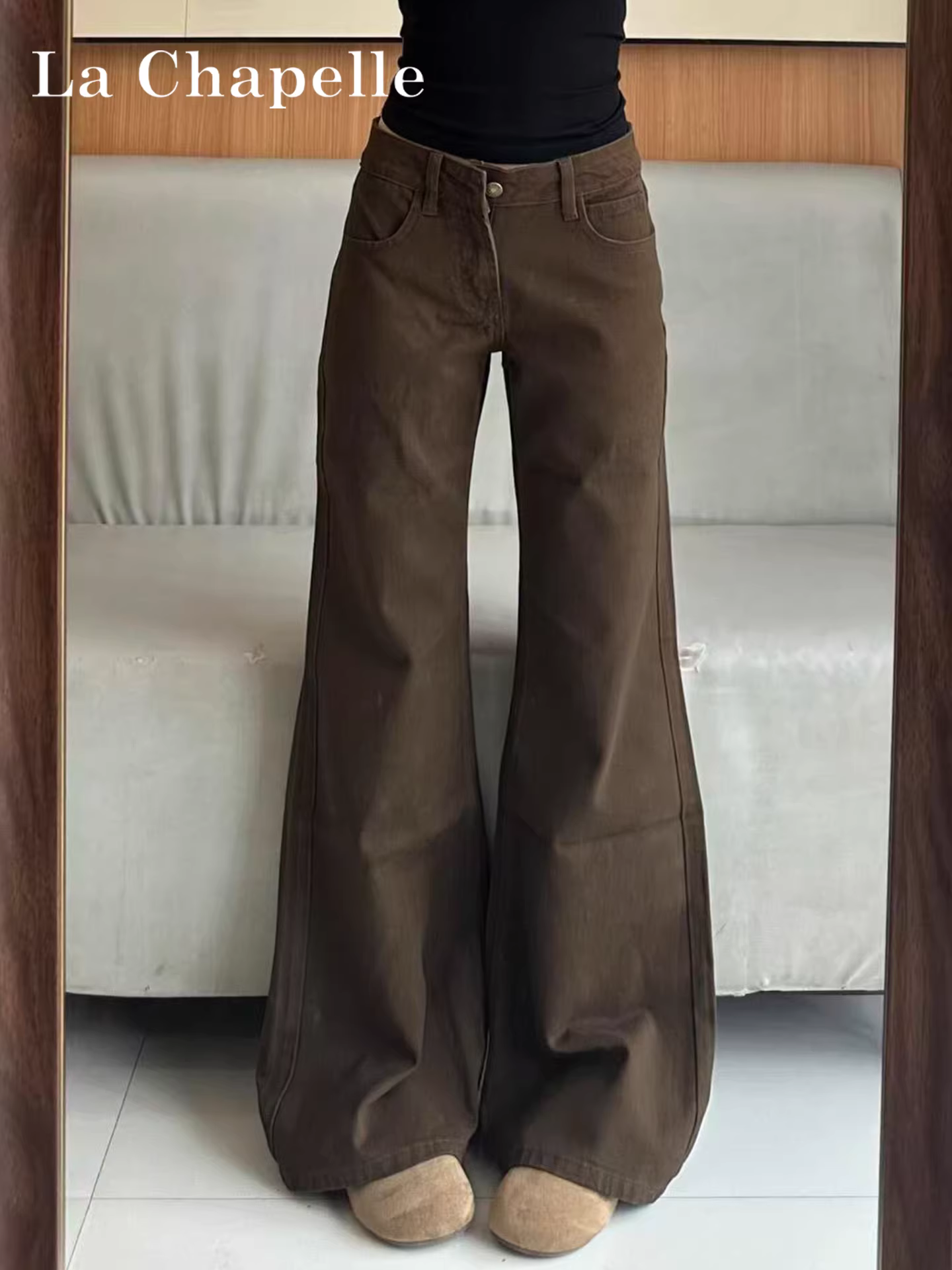 Quần jeans ống rộng dày dặn lót lông màu cà phê La Chapelle dành cho nữ, mẫu mới thu đông 2025, cạp cao, dáng thẳng, size nhỏ