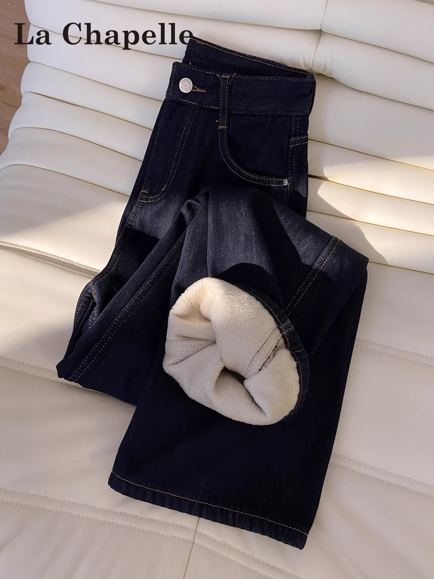 Quần jeans ống rộng dày dặn lót lông màu xanh đậm La Chapelle dành cho nữ, mùa thu đông 2025, kiểu dáng mới, cạp cao, dáng thẳng