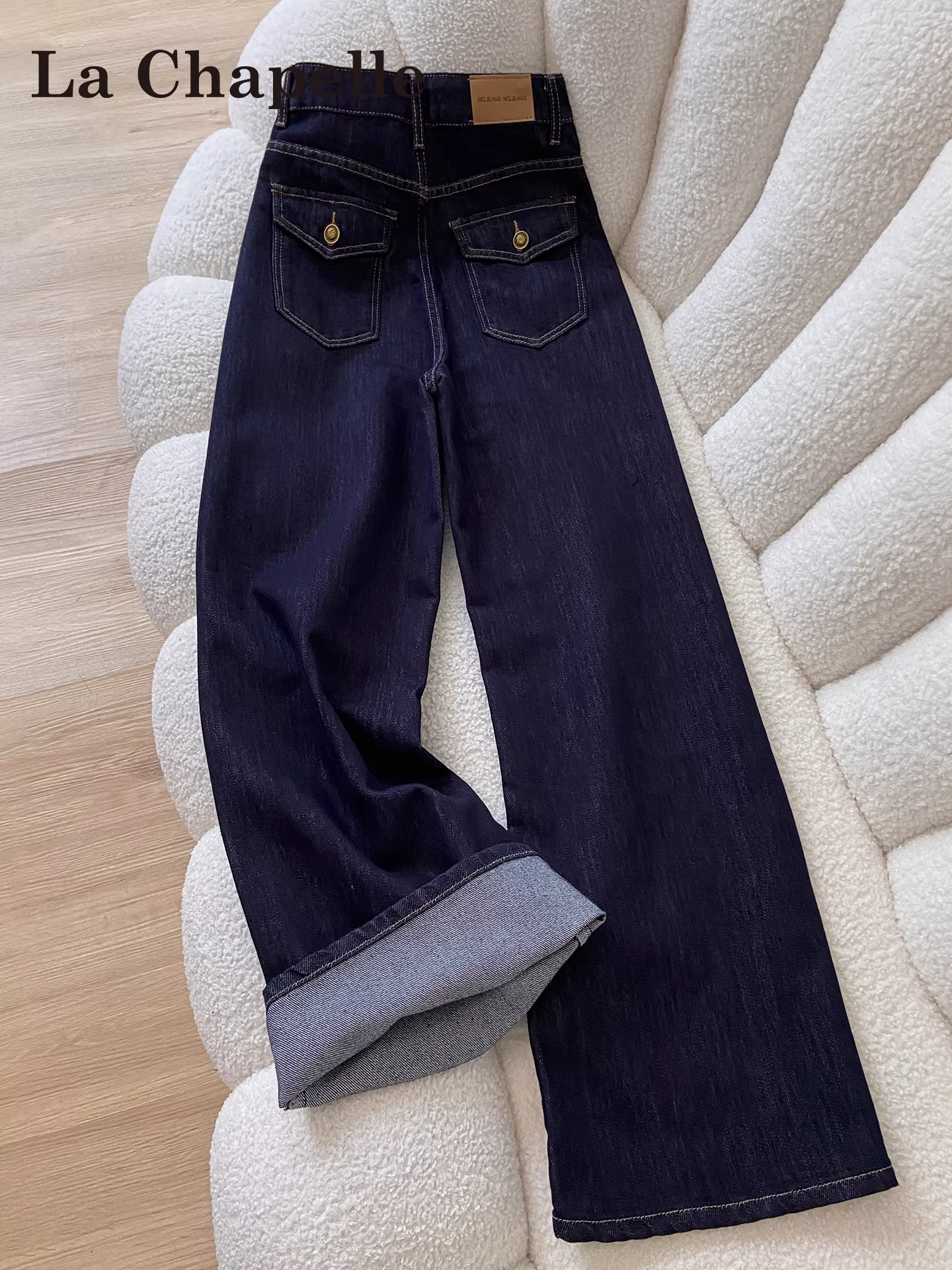 Quần jeans ống rộng lót lông màu xanh đậm La Chapelle dành cho nữ, kiểu mới thu đông 2025, dáng rộng, quần ống đứng nhỏ nhắn.