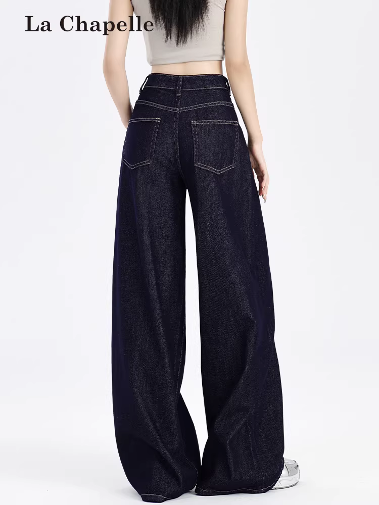 Quần jean ống rộng màu xanh đậm La Chapelle dành cho nữ, quần denim dáng rộng lưng cao mới mùa thu đông có lớp lót lông cừu.