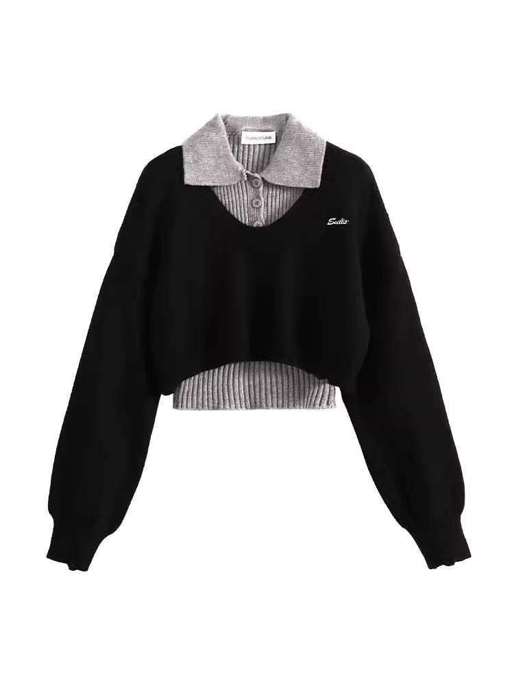 Áo len hai mảnh La Chapelle dành cho nữ, kiểu dáng mới thu đông 2025, phong cách học sinh, ôm dáng, cổ polo, áo ngắn