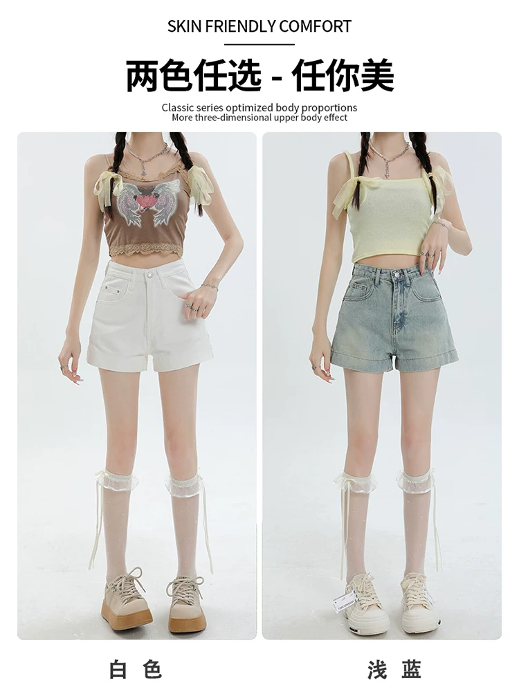 Quần short denim lưng cao màu sáng La Chapelle dành cho nữ, mẫu mới hè 2025, kiểu dáng nhỏ nhắn, siêu ngắn, dáng chữ A, dành cho các cô gái xinh xắn.