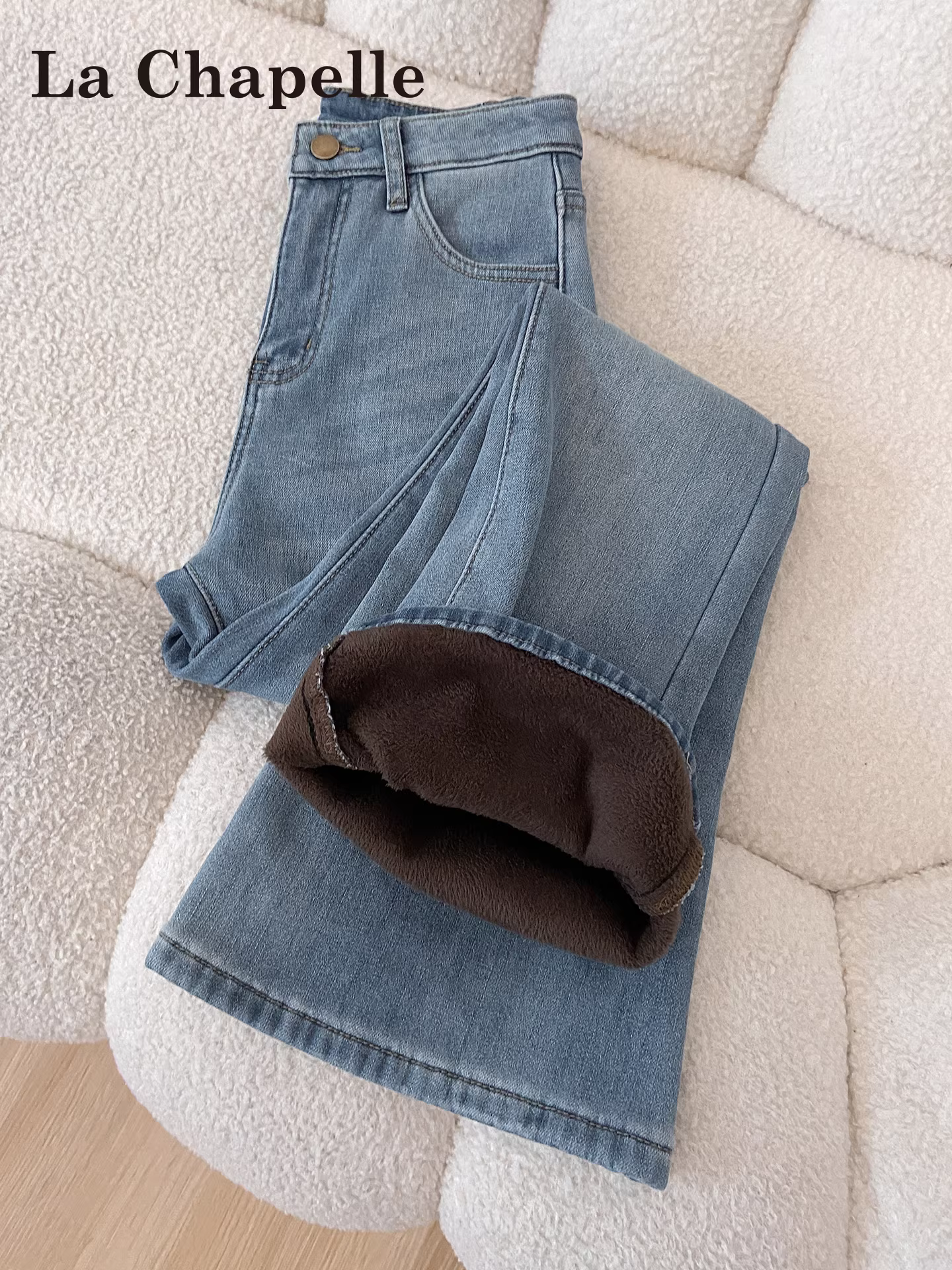 Quần jeans nữ La Chapelle kiểu dáng retro, lót lông dày, ống loe, mùa thu đông 2025, cạp cao, ôm dáng, kiểu chuông