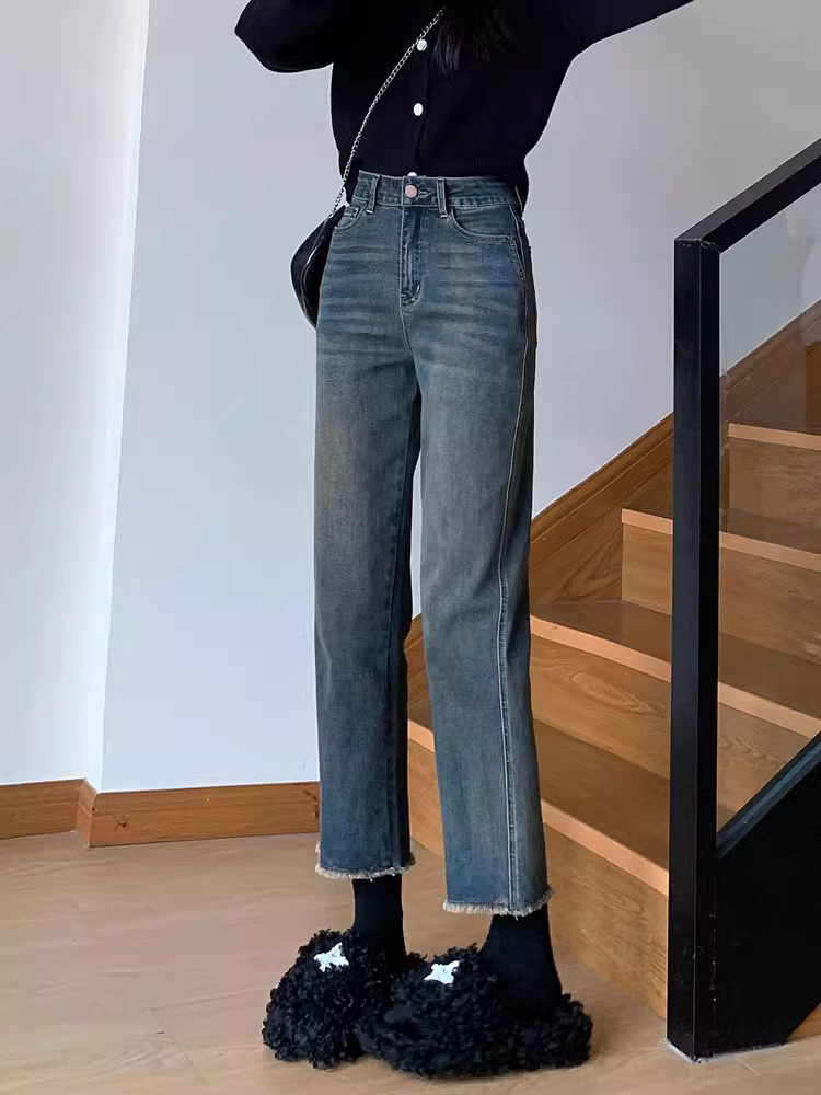 Quần jeans La Chapelle dáng thẳng, cạp cao, ôm dáng, kiểu dáng retro dành cho nữ, mẫu mới thu đông 2025