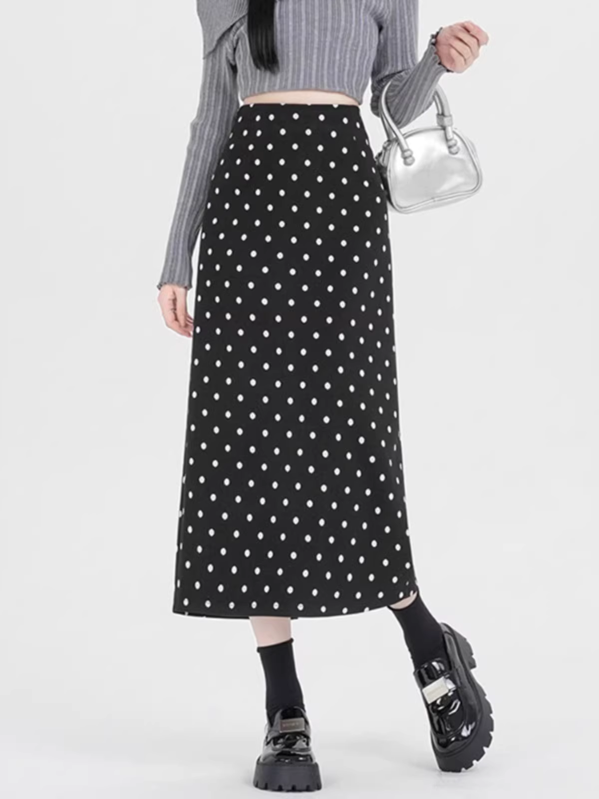 Váy chấm bi màu xám La Chapelle dành cho nữ 2025, kiểu dáng mới mùa thu, cạp cao, tôn dáng, dáng thẳng, xẻ tà, dài ngang đùi