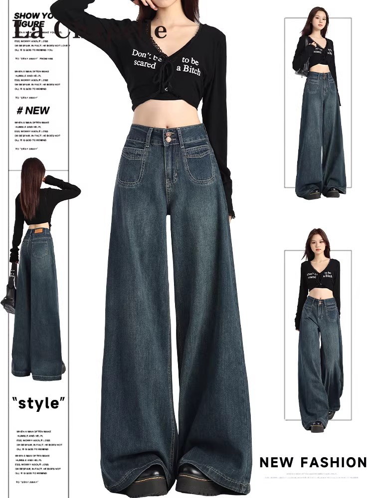 Quần jeans rộng ống rộng màu xanh đậm La Chapelle dành cho nữ, mẫu mới thu đông 2025, cạp cao, lót lông, dài chấm đất, dáng thẳng