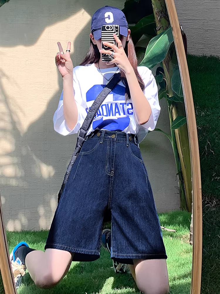 Quần short denim lưng cao La Chapelle dành cho nữ, kiểu mới hè 2025, dáng nhỏ nhắn, rộng rãi, tôn dáng, ống thẳng, dài ngang đùi.