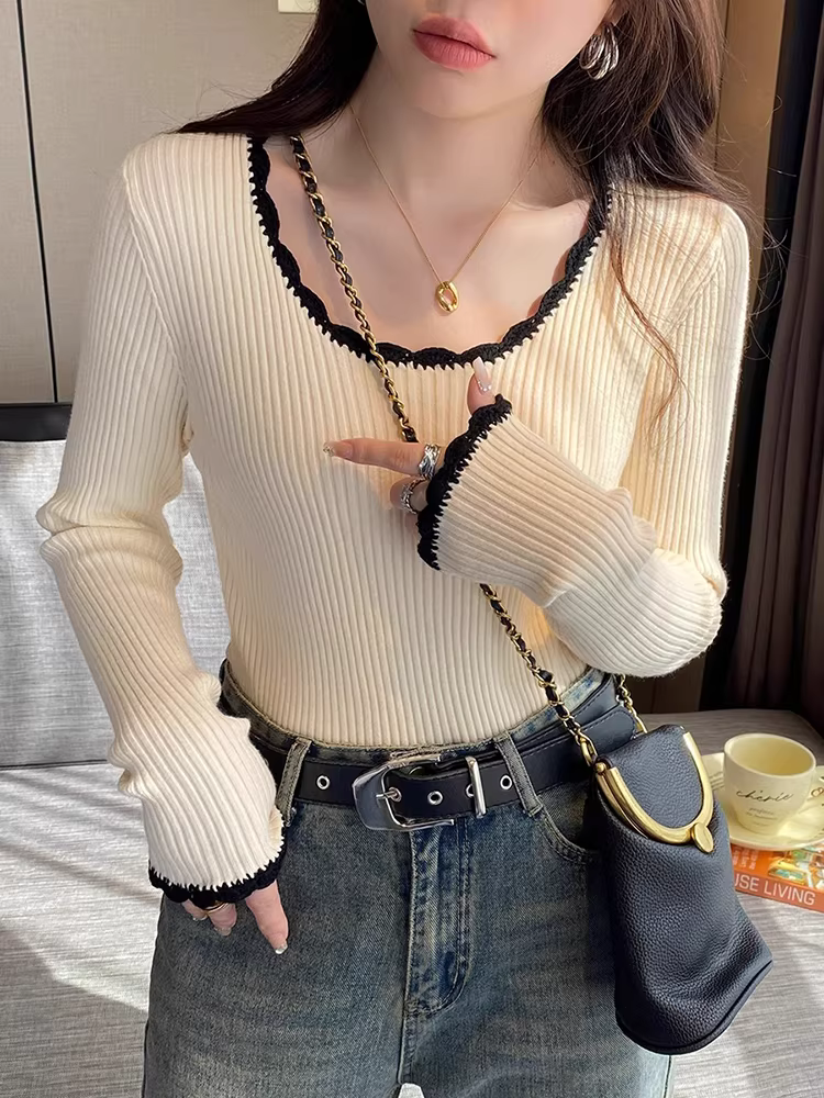 Áo len dệt kim cổ vuông màu xám La Chapelle dành cho nữ, kiểu dáng mới thu đông 2025, áo lót ôm sát.