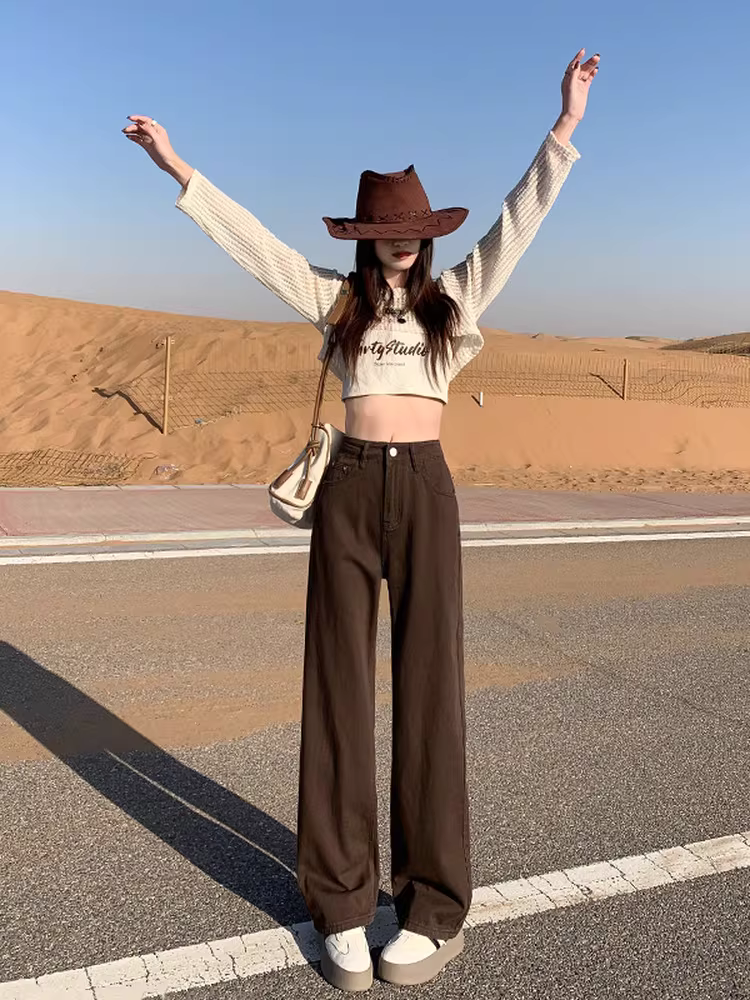 Quần jeans ống rộng màu cà phê La Chapelle dành cho nữ, kiểu dáng mới thu đông 2025, cạp cao, dáng thẳng, size nhỏ nhắn