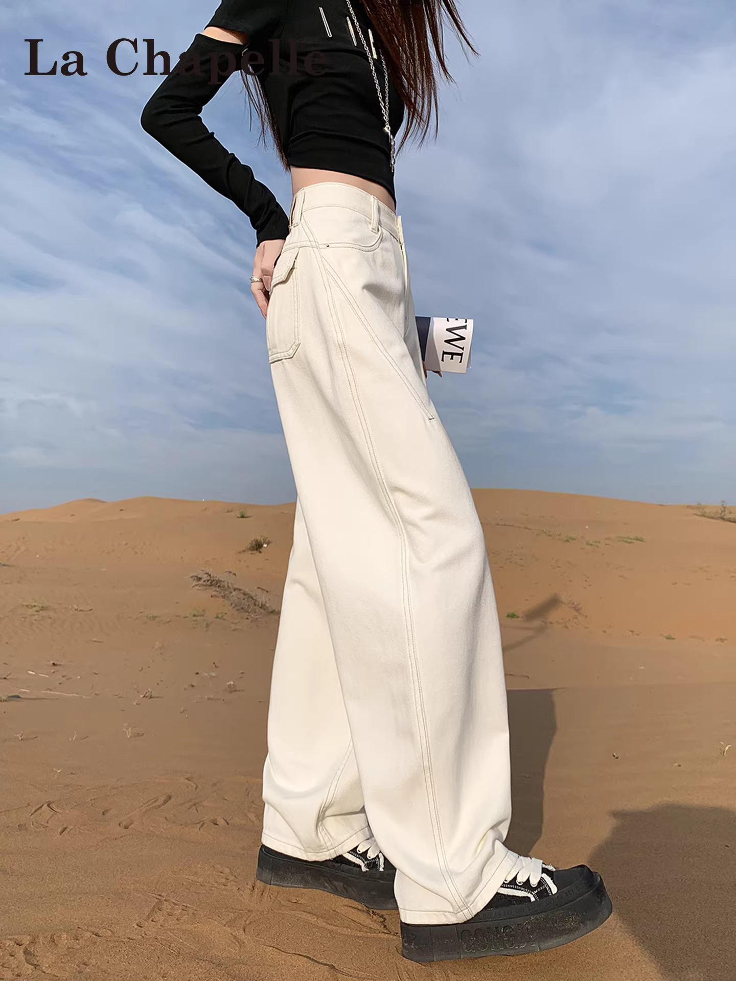 Quần jeans ống rộng lót lông cừu dày màu trắng La Chapelle dành cho nữ, mẫu mới thu đông 2025, cạp cao, dáng thẳng