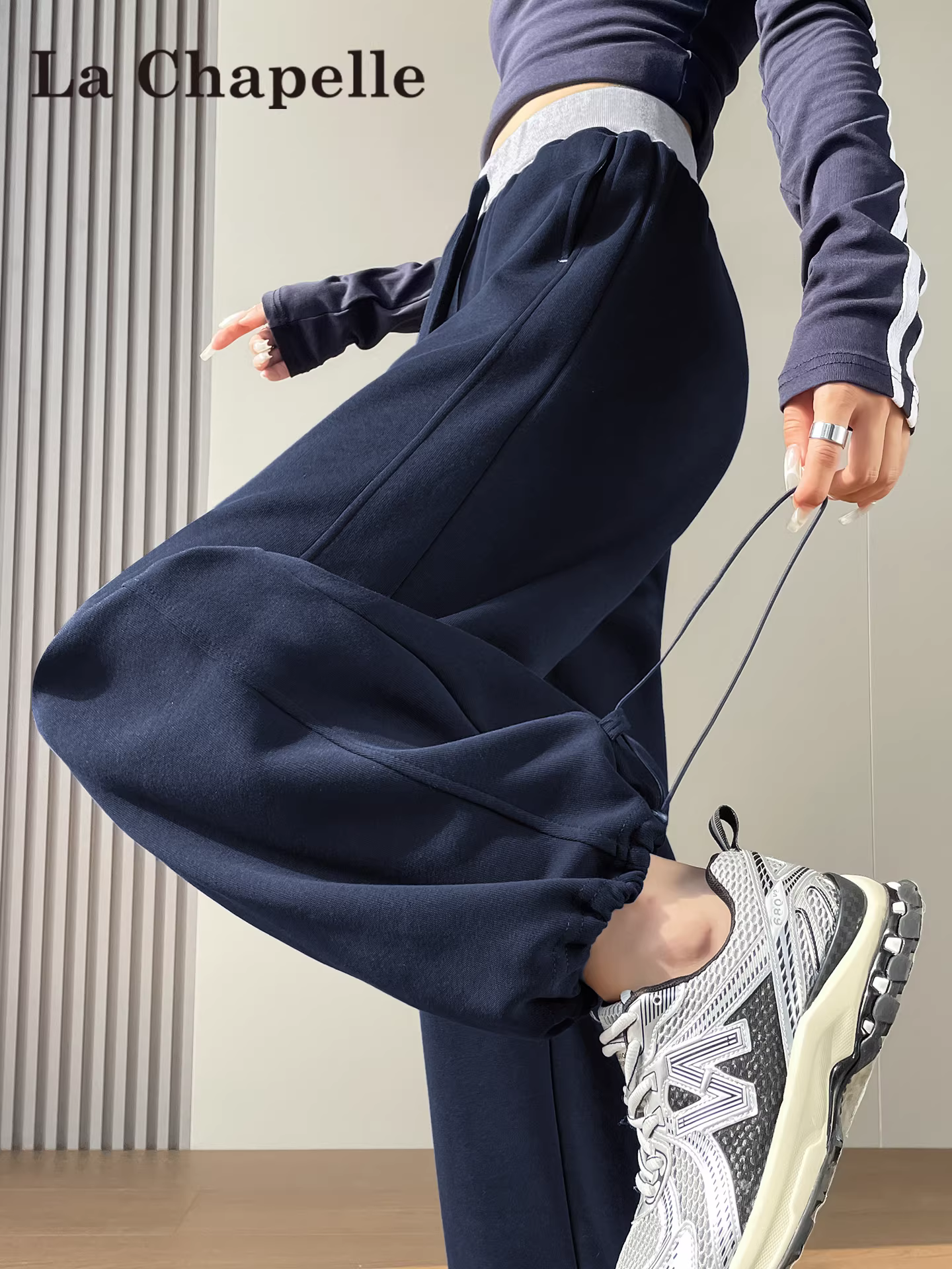 Quần thể thao rộng ống rộng màu xanh La Chapelle dành cho nữ, mẫu mới xuân thu 2025, cạp cao, tôn dáng, phong cách thường ngày