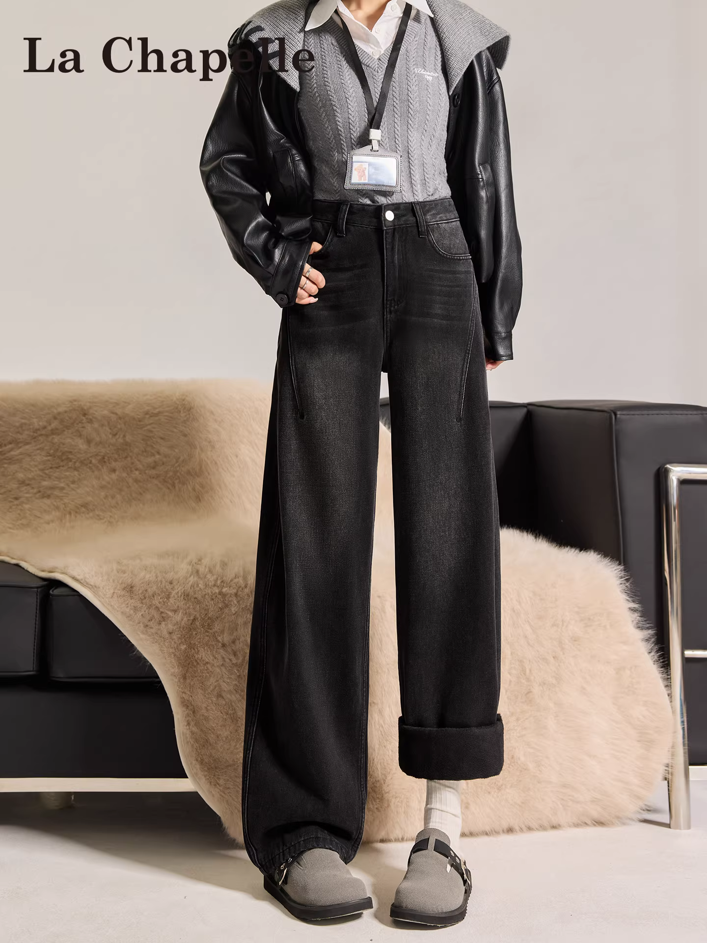 Quần jeans ống rộng dày dặn lót lông cừu đen La Chapelle dành cho nữ, thu đông 2025, kiểu dáng mới, cạp cao, tôn dáng, thẳng.