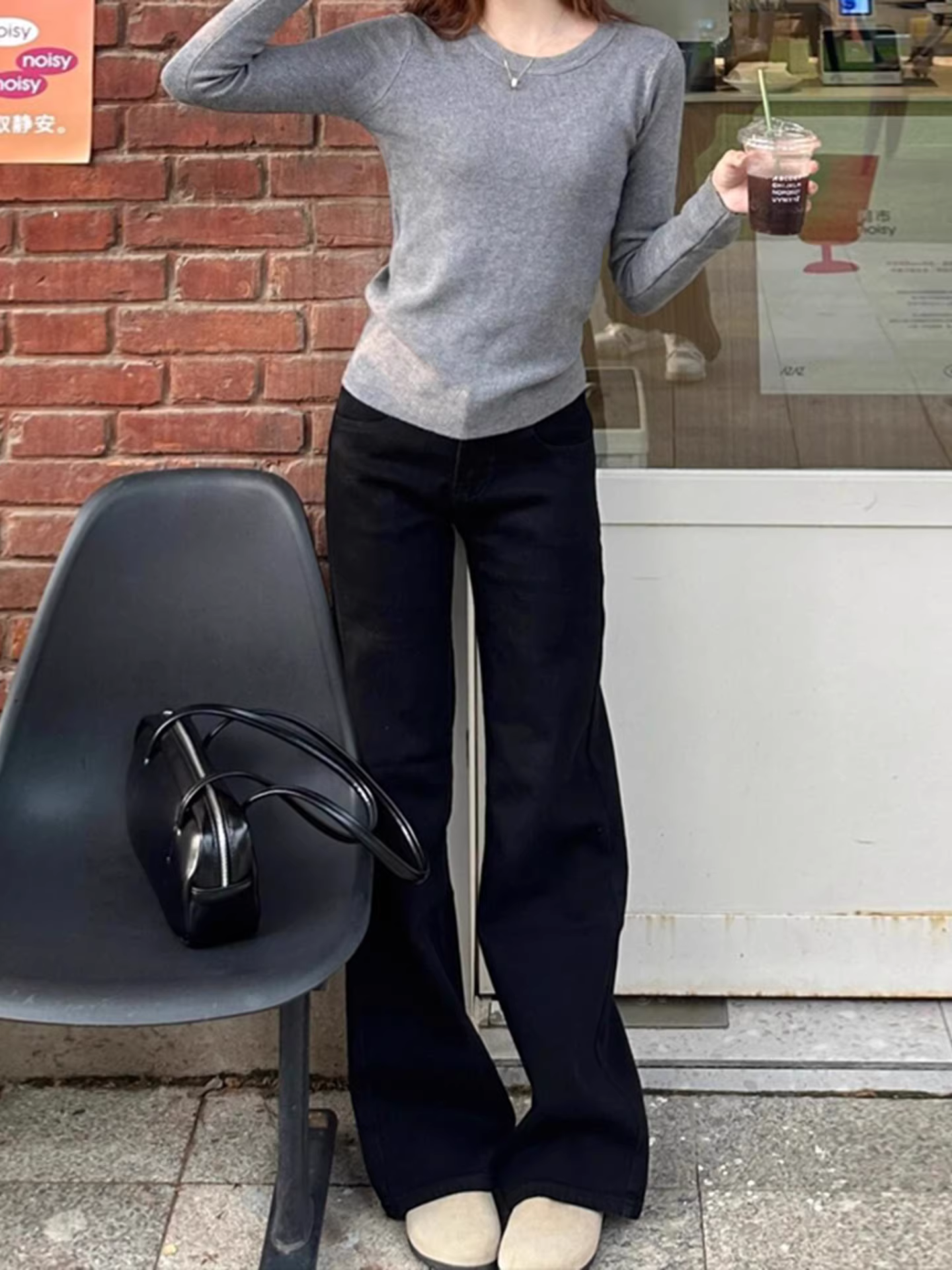 Quần jeans ống loe dày dặn lót lông cừu đen La Chapelle dành cho nữ, mẫu mới mùa đông 2025, cạp cao, dáng xòe