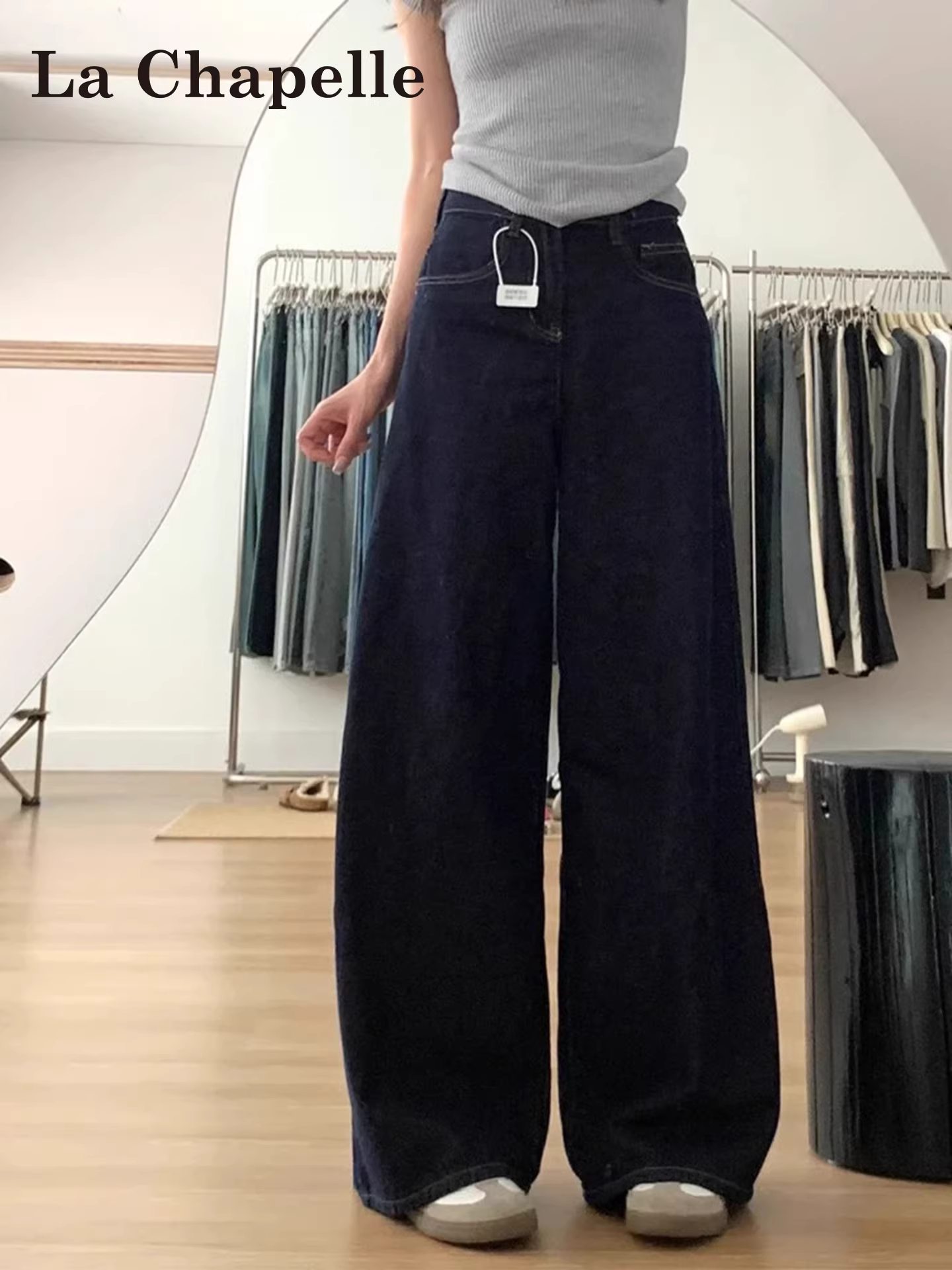 Quần jeans ống rộng màu xanh đậm La Chapelle dành cho nữ, mẫu mới thu đông 2025, cạp cao, lót lông, dáng thẳng