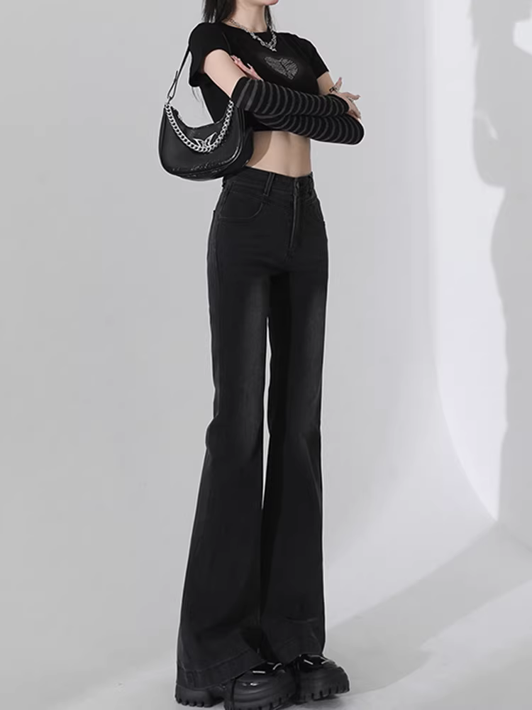 Quần jeans đen La Chapelle dáng loe nữ 2025 mới thu, cạp cao, ôm dáng, kiểu bootcut