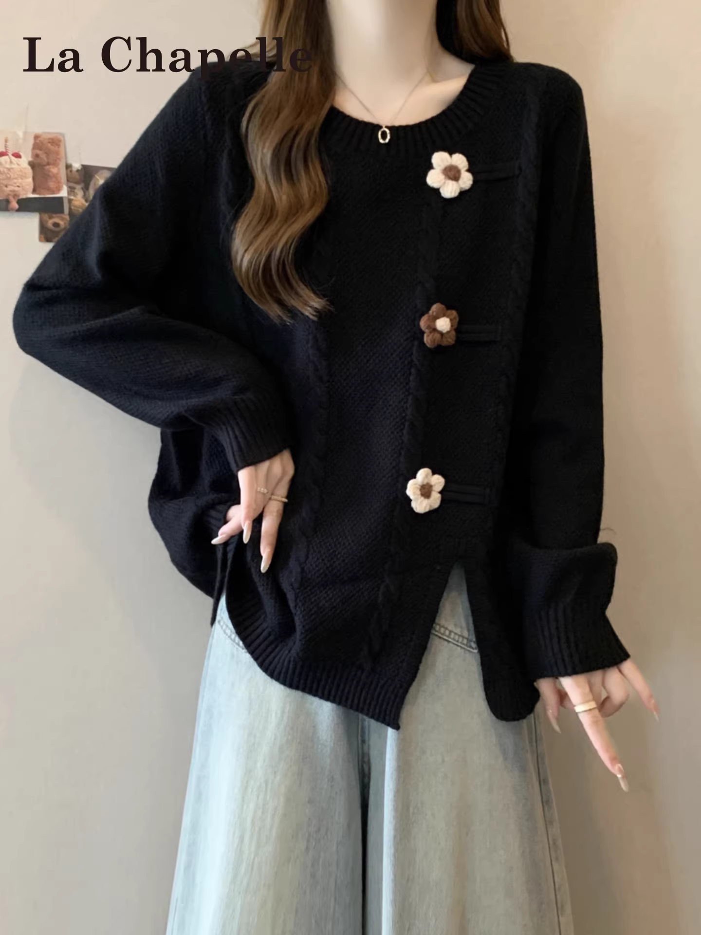 Áo len dệt kim dài tay màu đen La Chapelle dành cho nữ, kiểu mới thu đông 2025, kiểu dáng rộng rãi và thoải mái.