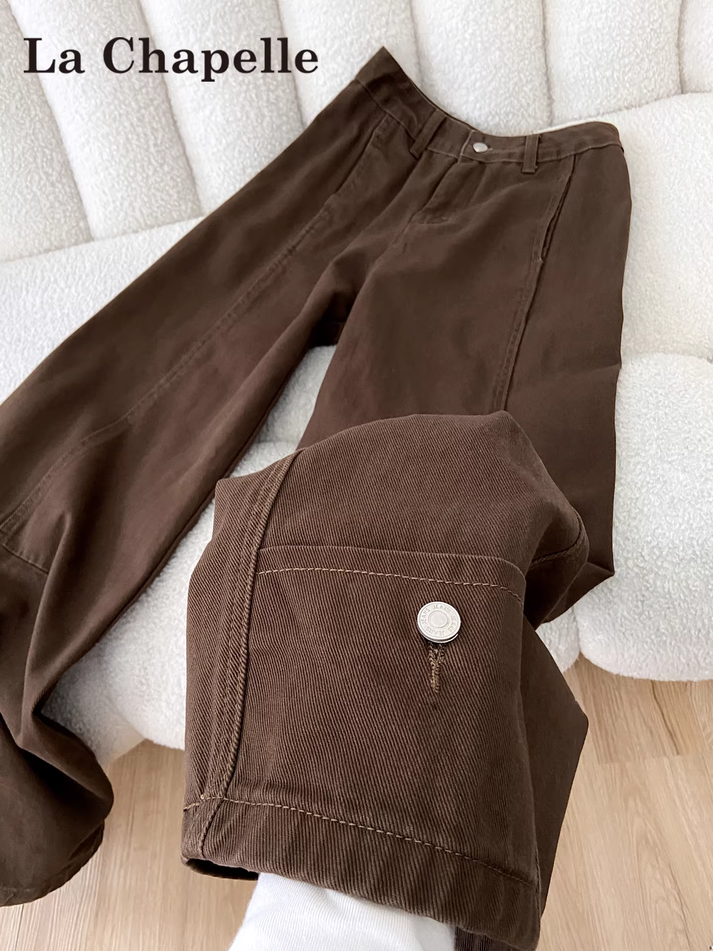 Quần jeans ống rộng kiểu Mỹ La Chapelle màu nâu dành cho nữ, mẫu mới thu đông 2025, cạp cao, dáng nhỏ nhắn, ống thẳng.