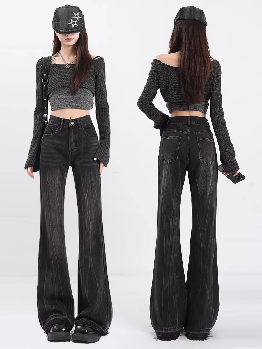 Quần jean đen La Chapelle dáng loe dành cho nữ, kiểu mới thu đông 2025, size nhỏ, cạp cao, tôn dáng, lót lông, ống chuông