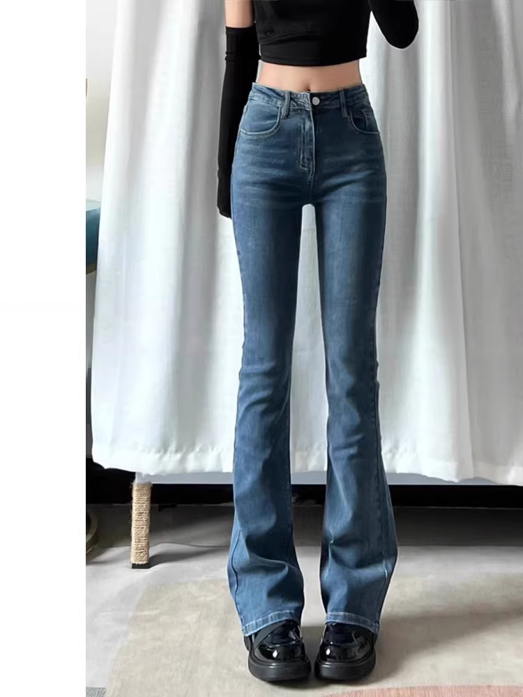 Quần jeans La Chapelle dáng loe retro dành cho nữ nhỏ nhắn, mẫu mới thu đông 2025, cạp cao, lót lông, ôm dáng, kiểu bootcut