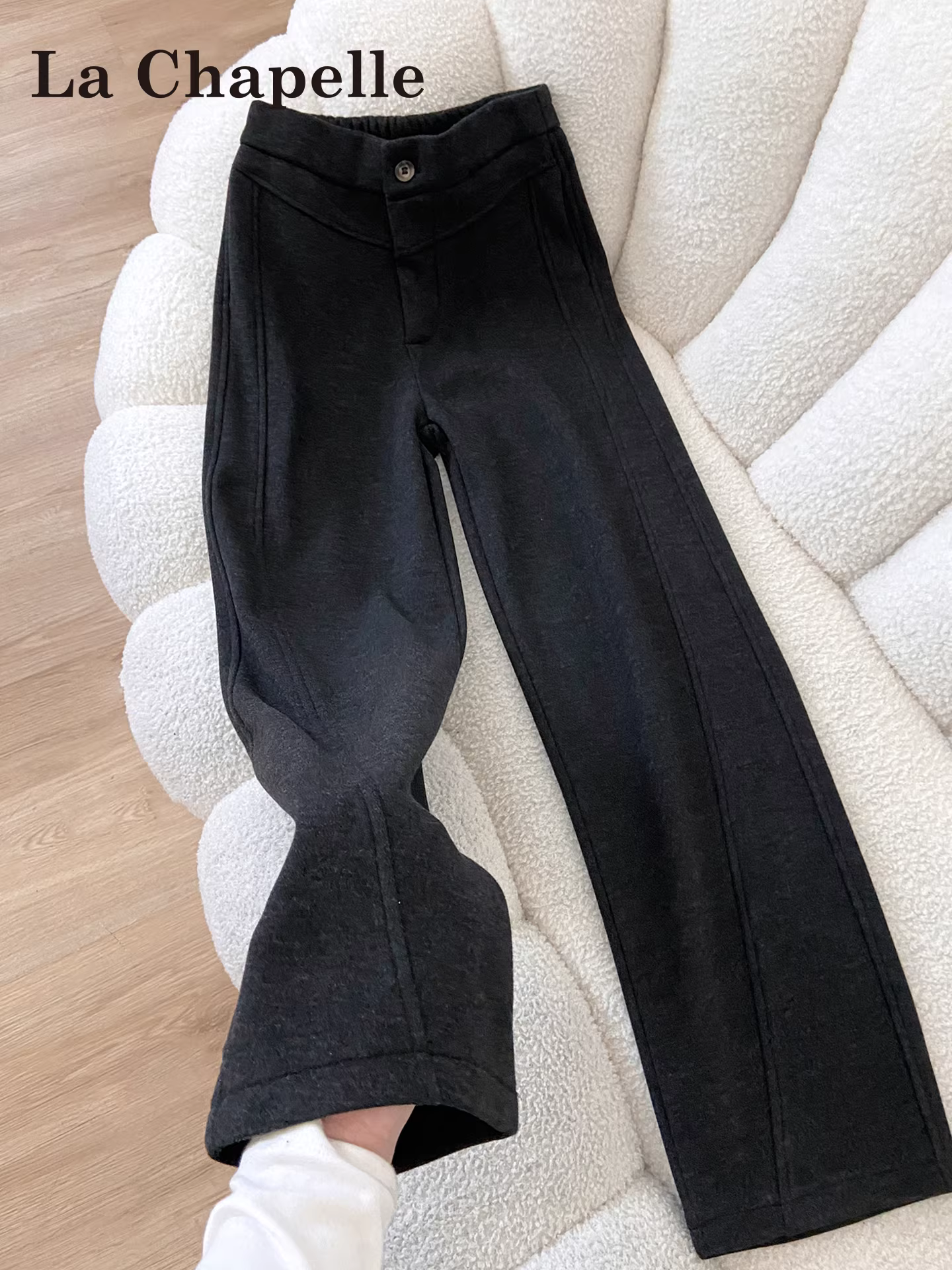 Quần ống rộng dày lót lông màu xám La Chapelle dành cho nữ 2025 mới thu đông quần cạp cao dáng nhỏ gọn kiểu dáng đơn giản
