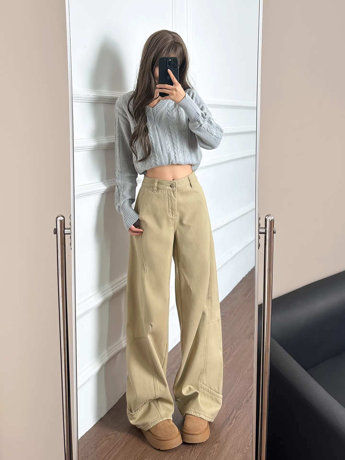 Quần jeans ống rộng lót lông cừu dày dặn La Chapelle dành cho nữ, mẫu mới thu đông 2025, dáng rộng thẳng