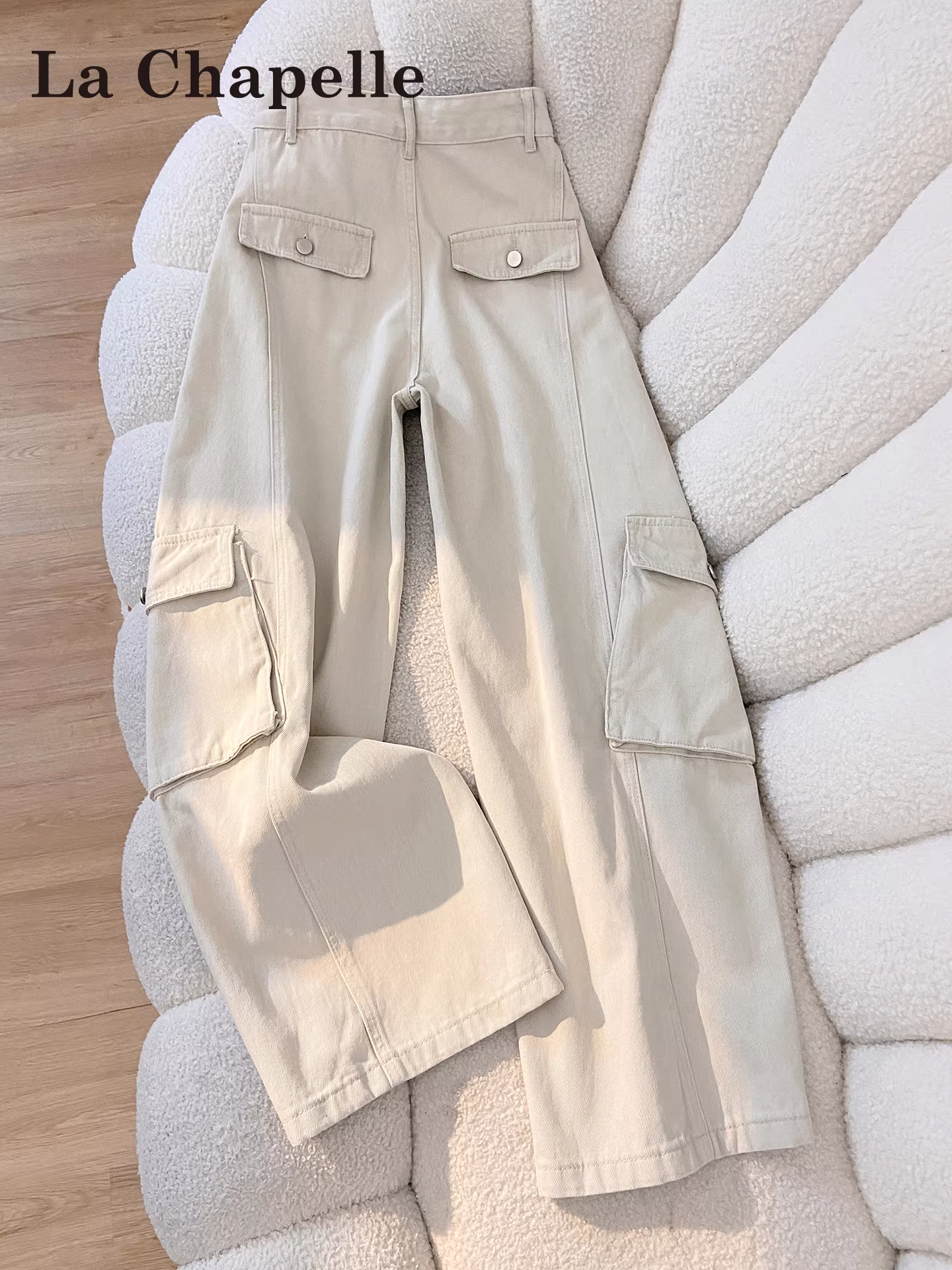 Quần cargo ống rộng lưng cao màu trắng La Chapelle dành cho nữ, mùa thu đông 2025, kiểu dáng mới phong cách Mỹ, quần ống đứng dáng thẳng, kiểu cắt xéo.