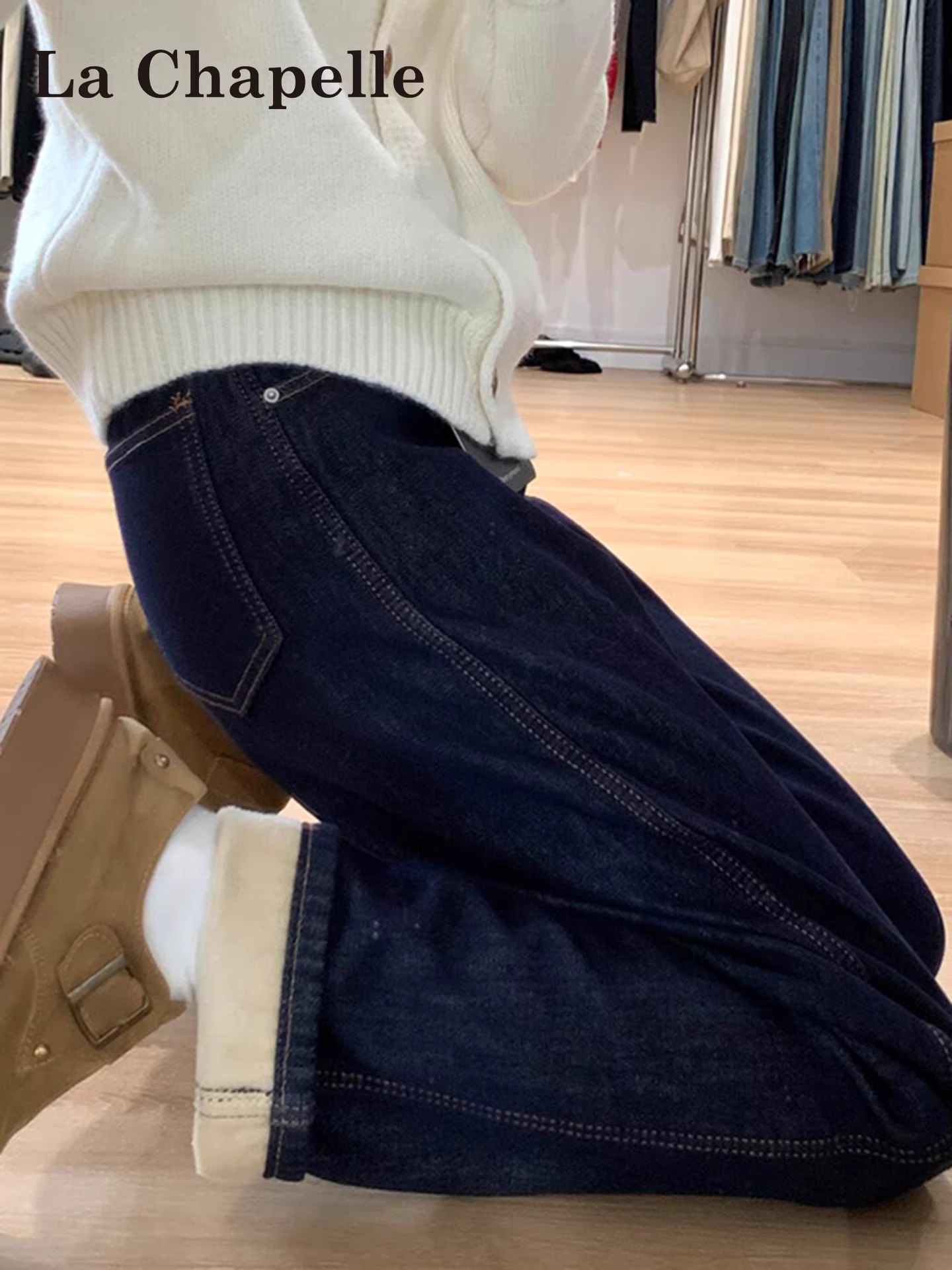 Quần jean ống rộng lót lông màu xanh đậm La Chapelle dành cho nữ, mùa thu đông 2025, kiểu mới dày dặn, cạp cao, dáng rộng, ống thẳng