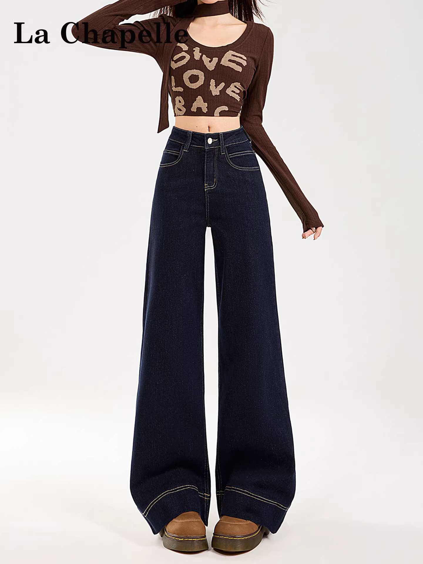 Quần jeans La Chapelle kiểu retro, lót lông dày, cạp cao, ống rộng dành cho nữ, mẫu mới thu đông 2025, dáng thẳng, size nhỏ nhắn