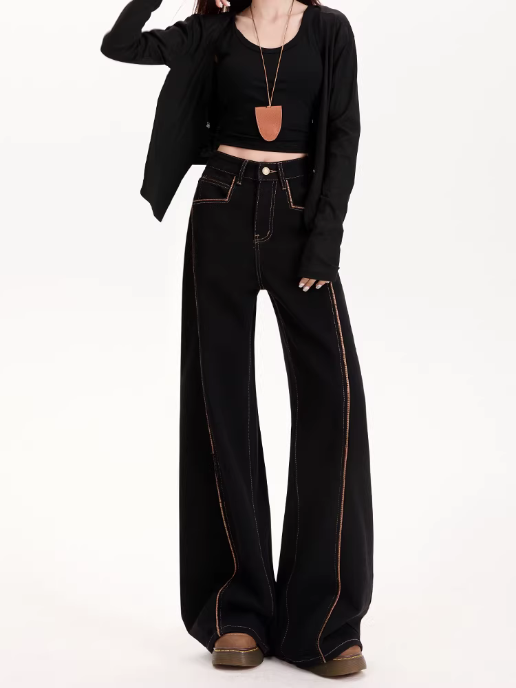 Quần jeans đen dáng rộng La Chapelle dành cho nữ, mẫu mới thu đông 2025, cạp cao, rộng rãi, lót lông, kiểu dáng loe.