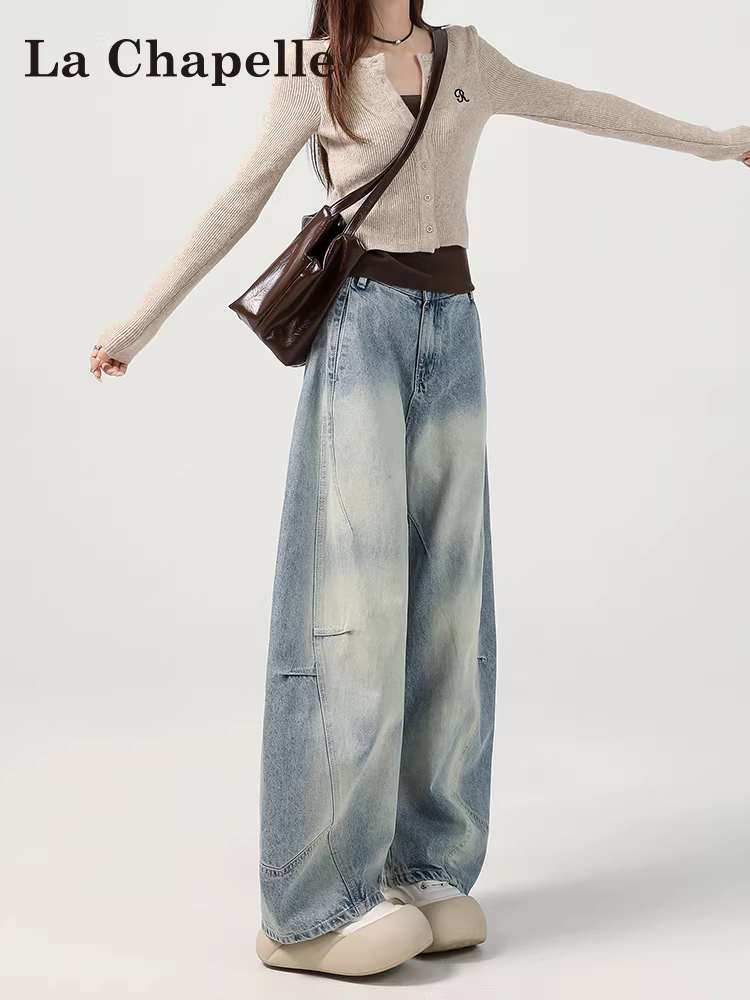 Quần jeans ống rộng La Chapelle dành cho nữ, mẫu mới hè 2025, cạp cao, dáng suôn dài chấm đất, kiểu quần ống đứng dáng kiếm.