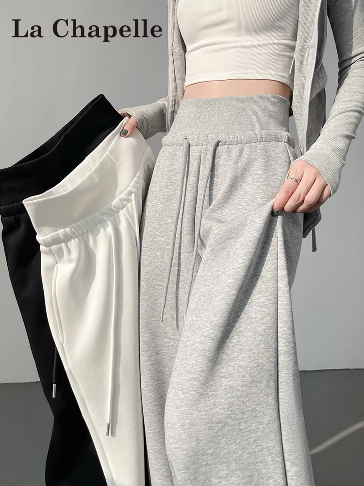 Quần thể thao ống rộng lót lông màu xám La Chapelle dành cho nữ 2025 mới mùa thu đông quần ống rộng lưng cao dáng thẳng