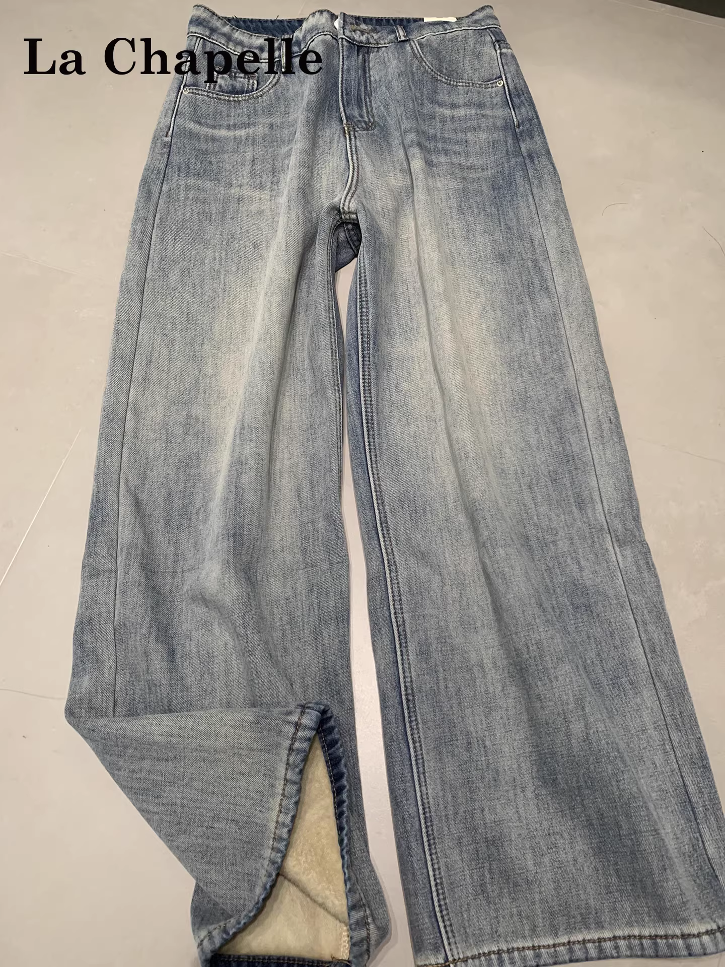 Quần jeans ống rộng lót lông dày kiểu La Chapelle dành cho nữ, mẫu mới thu đông 2025, dáng suông rộng, chất liệu mềm mại