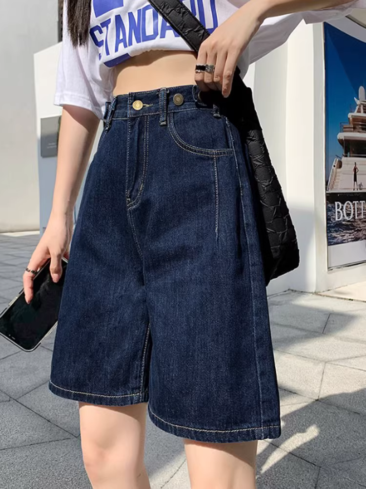 Quần short denim lưng cao La Chapelle dành cho nữ, kiểu mới hè 2025, dáng nhỏ nhắn, rộng rãi, tôn dáng, ống thẳng, dài ngang đùi.