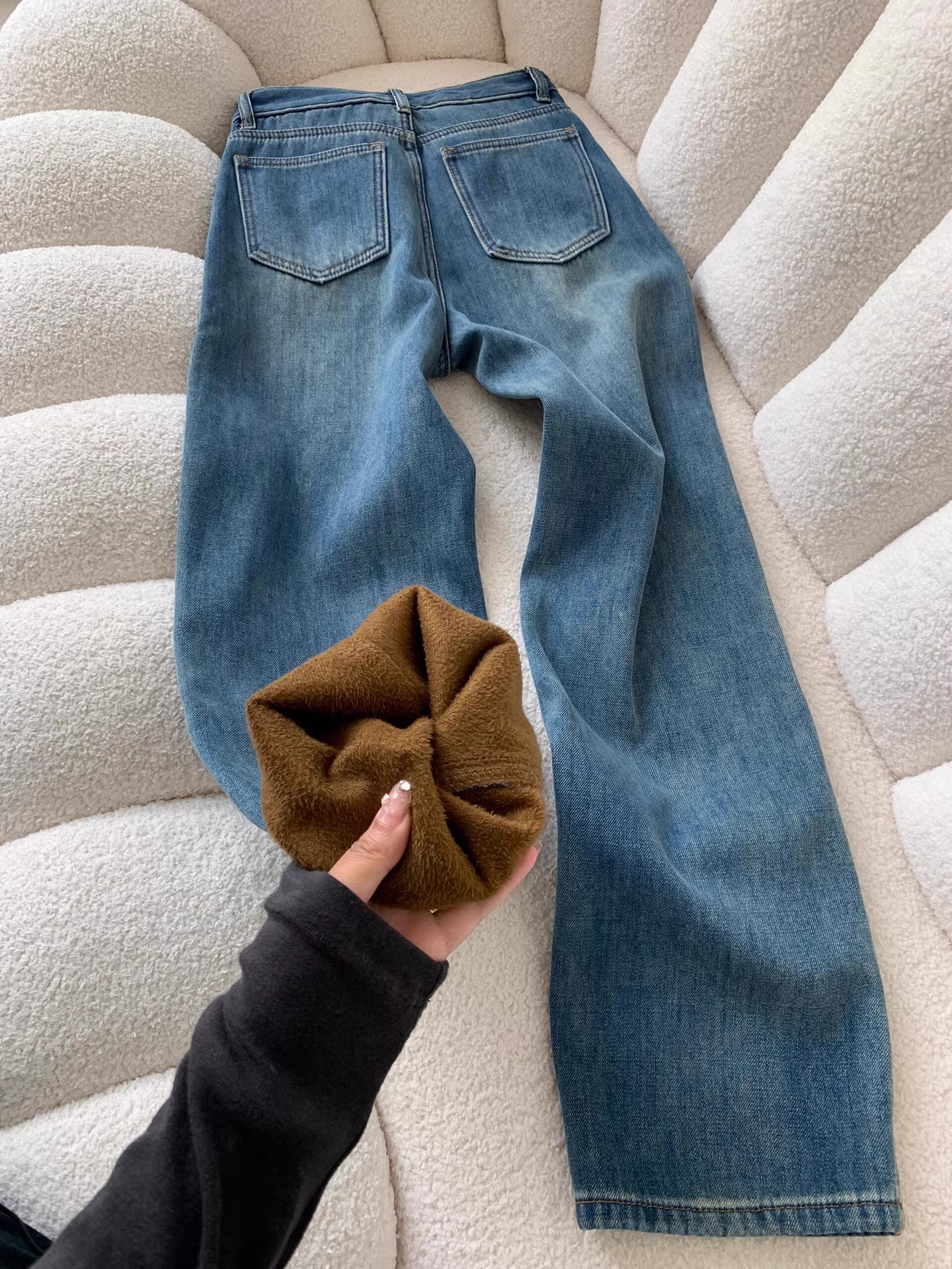 Quần jeans ống rộng lót lông La Chapelle dành cho nữ, thu đông 2025, kiểu mới, cạp cao, dáng rộng, chất dày, ống thẳng