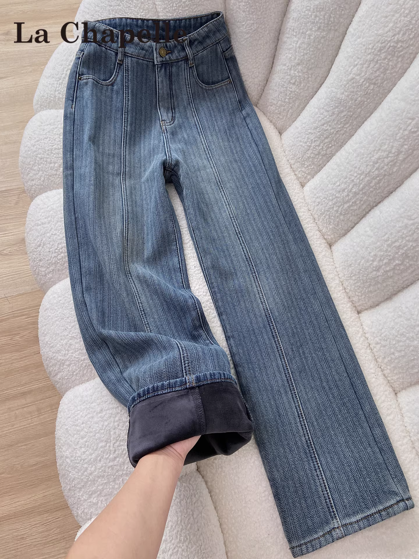 Quần jeans ống rộng họa tiết La Chapelle retro aurora dành cho nữ, thu đông 2025, kiểu dáng mới, cạp cao, lót lông cừu, dáng thẳng