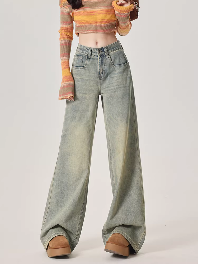 Quần jeans ống rộng La Chapelle kiểu retro dành cho nữ, mẫu mới thu đông 2025, cạp cao, dáng rộng, lót lông, dài chấm đất, kiểu thẳng