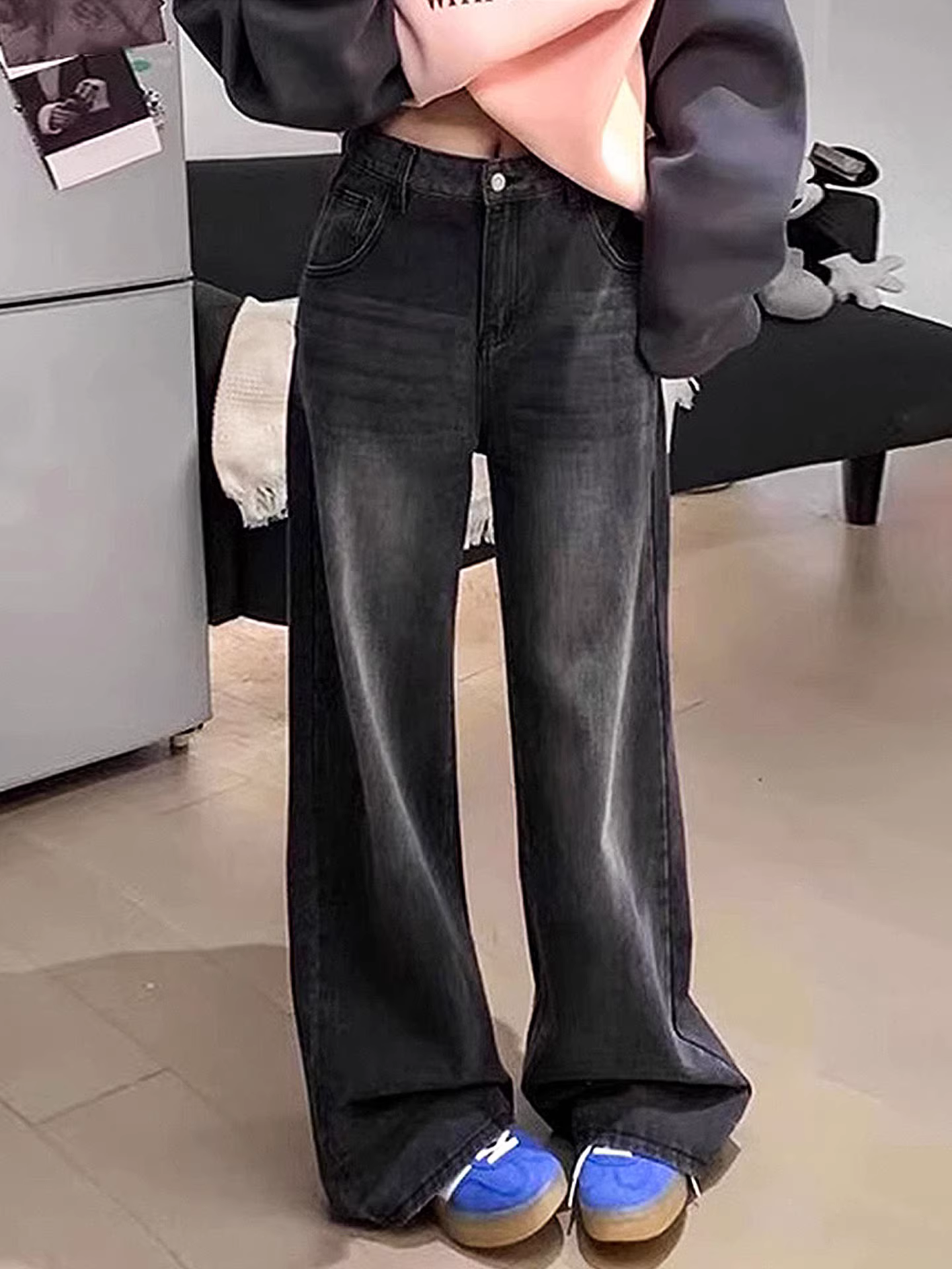 Quần jeans ống rộng lót lông dày màu đen La Chapelle dành cho nữ, mẫu mới thu đông 2025, dáng rộng, cạp cao, ống thẳng