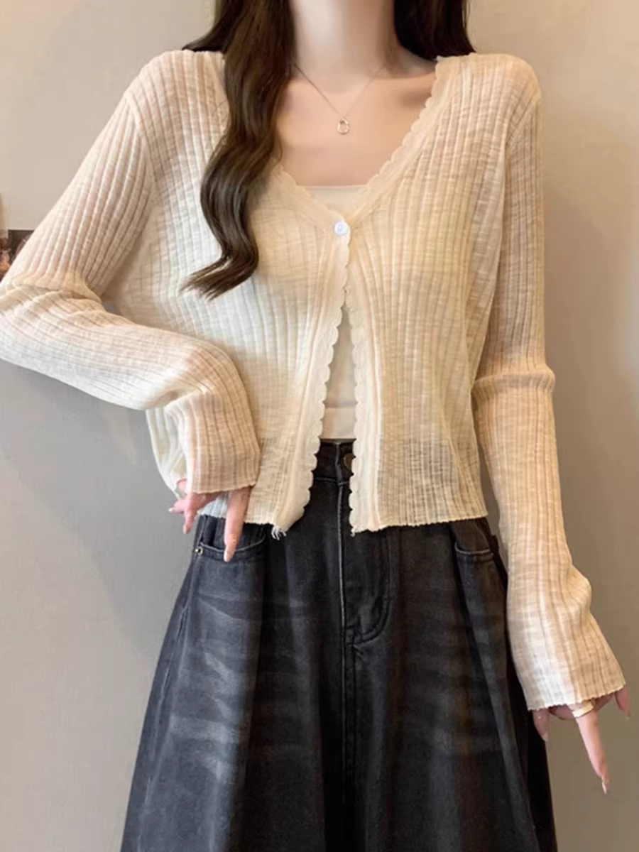 Áo cardigan len màu xám La Chapelle chống nắng cho nữ, mẫu mới hè 2025, chất liệu lụa đá mỏng, kiểu dáng rộng rãi