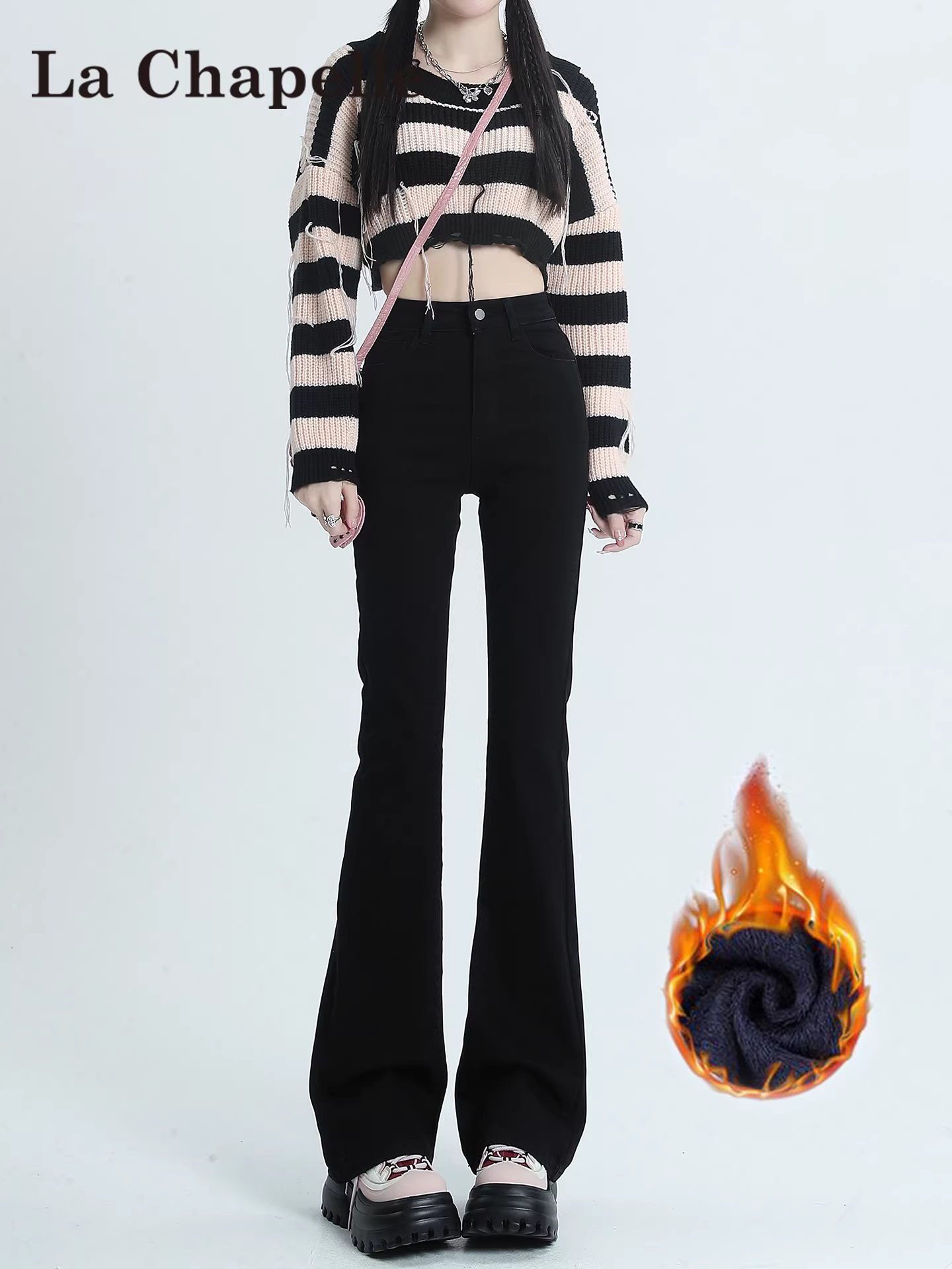 Quần jean đen dày lót lông cừu La Chapelle dáng loe dành cho nữ, mẫu mới thu đông 2025, cạp cao, tôn dáng, kiểu chuông