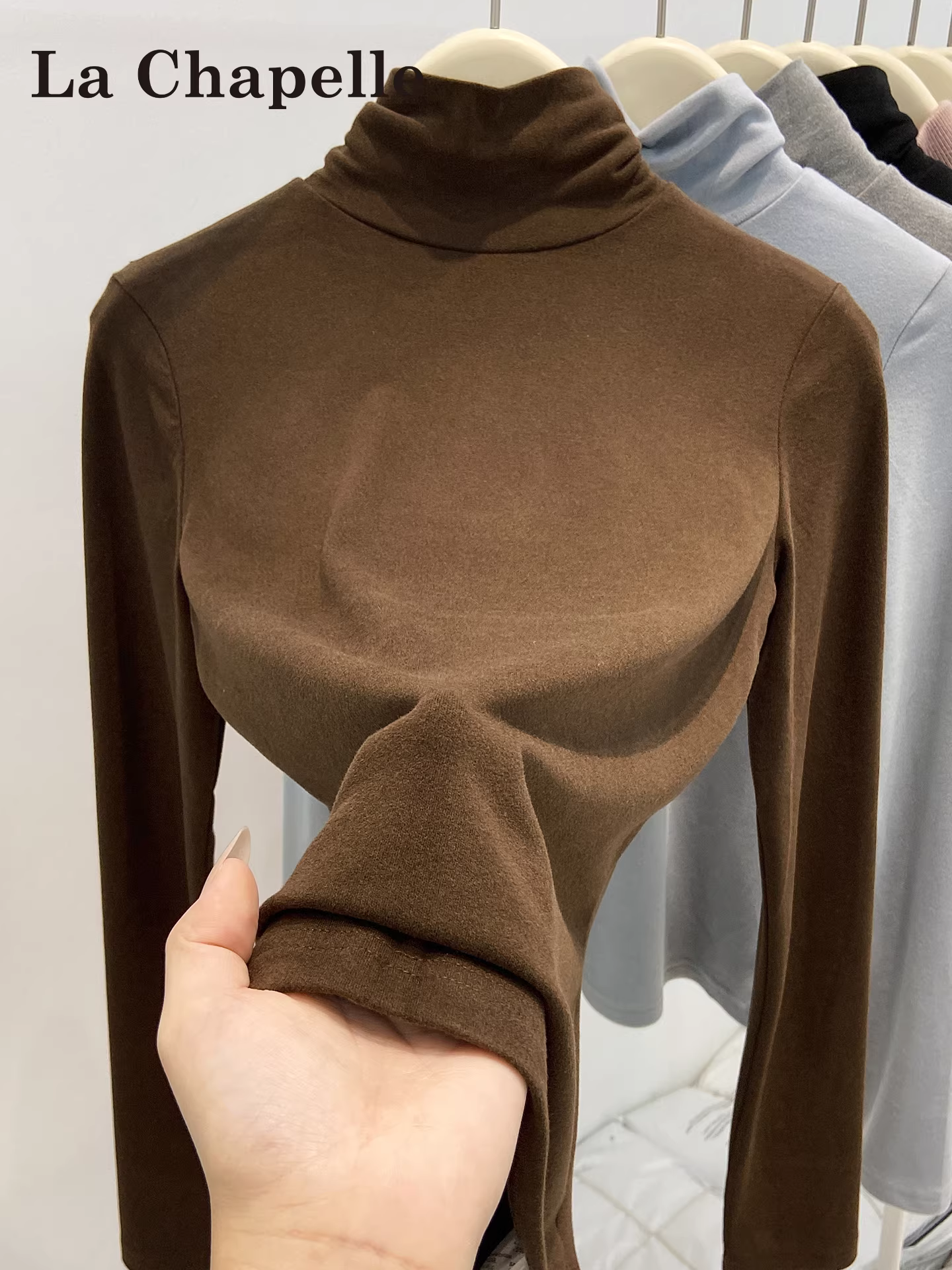 Áo thun dài tay chất liệu nhung protein màu nâu La Chapelle dành cho nữ, kiểu dáng Hàn Quốc, size nhỏ, mùa thu đông 2025 mới