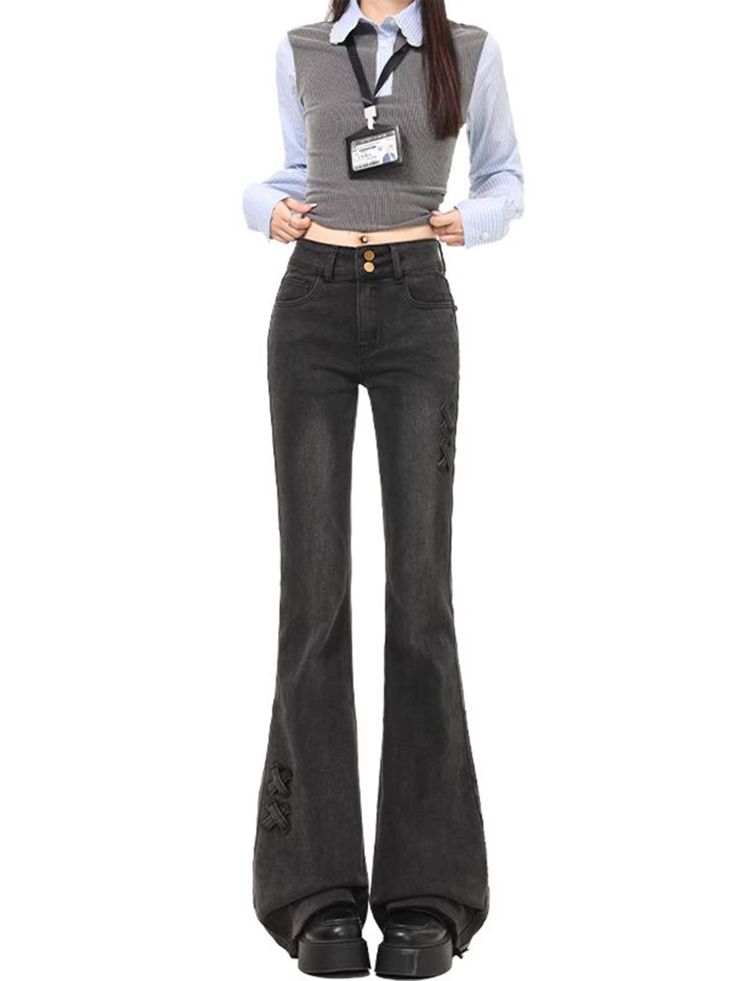 Quần jeans dáng loe La Chapelle retro nhỏ nhắn dành cho nữ, mẫu mới thu đông 2025, cạp cao, ôm dáng.