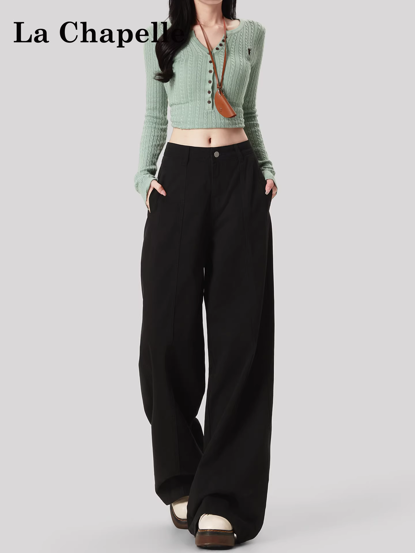 Quần jeans ống rộng lót lông dày màu đen La Chapelle dành cho nữ, mẫu mới thu đông 2025, cạp cao, dáng thẳng, size nhỏ nhắn