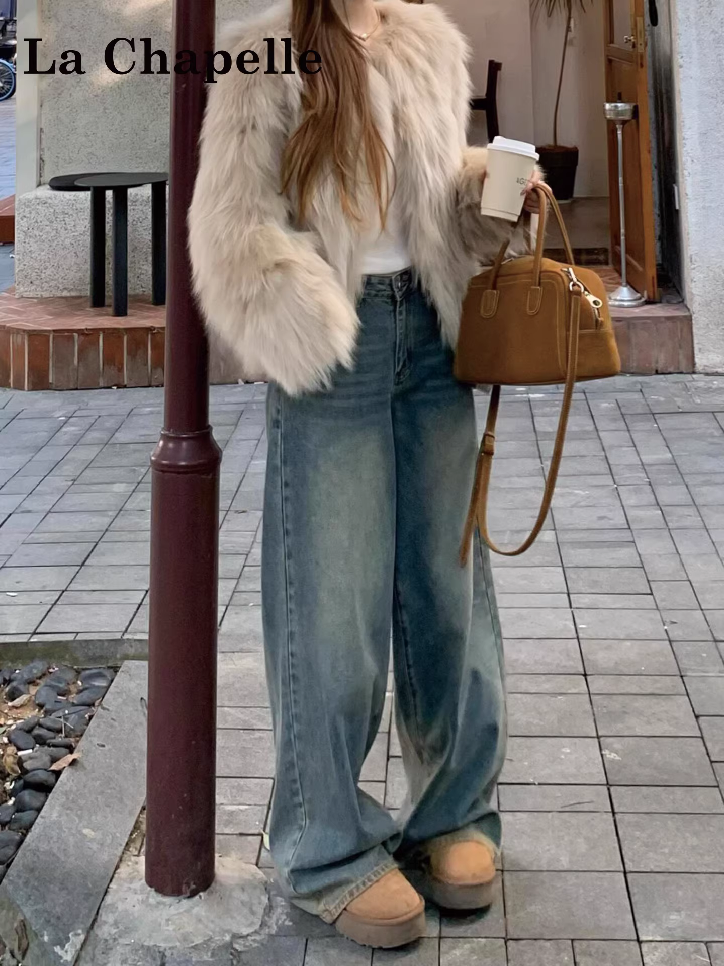 Quần jeans ống rộng dày dặn lót lông cừu La Chapelle dành cho nữ, kiểu dáng Mỹ, mùa thu đông 2025, dành cho người nhỏ nhắn.