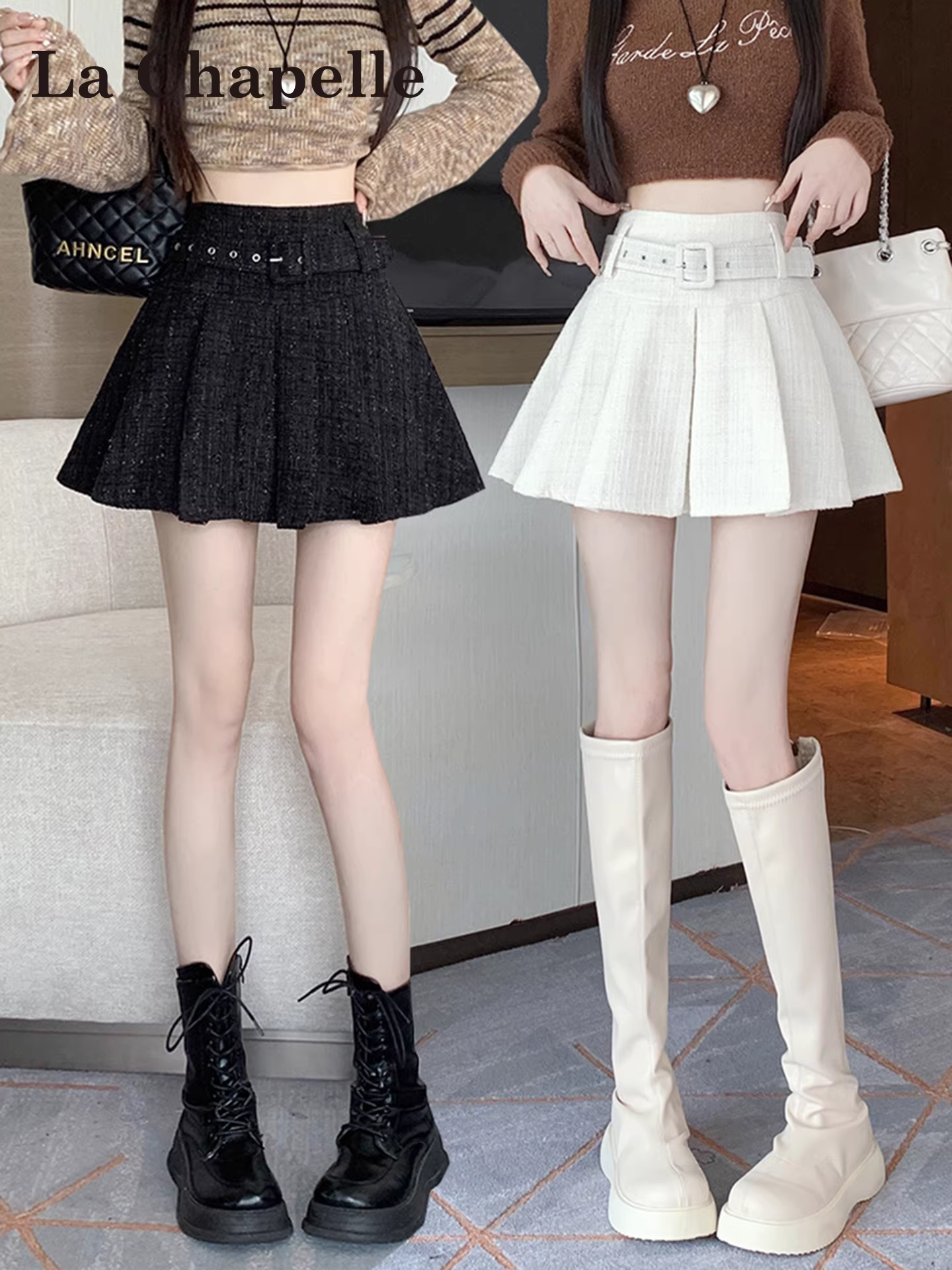 Váy xếp ly đen La Chapelle dành cho nữ, mẫu mới thu đông 2025, cạp cao, che hông, dáng chữ A ngắn, dành cho người nhỏ nhắn
