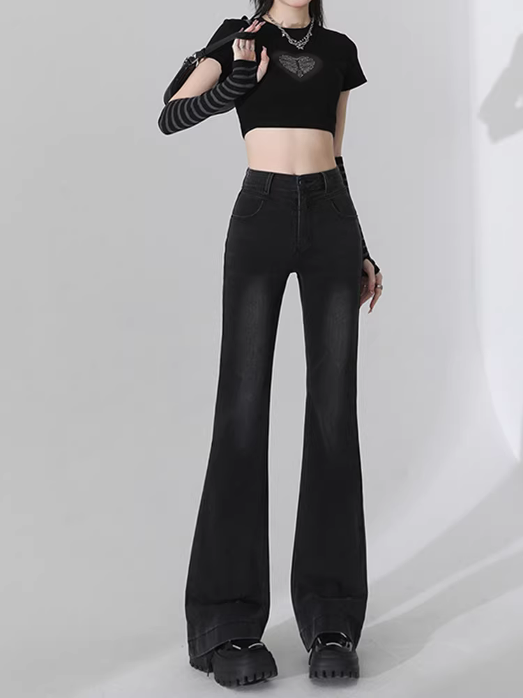 Quần jeans đen La Chapelle dáng loe nữ 2025 mới thu, cạp cao, ôm dáng, kiểu bootcut