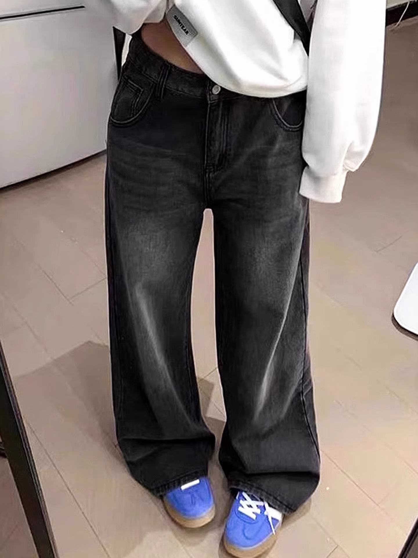 Quần jeans ống rộng lót lông dày màu đen La Chapelle dành cho nữ, mẫu mới thu đông 2025, dáng rộng, cạp cao, ống thẳng