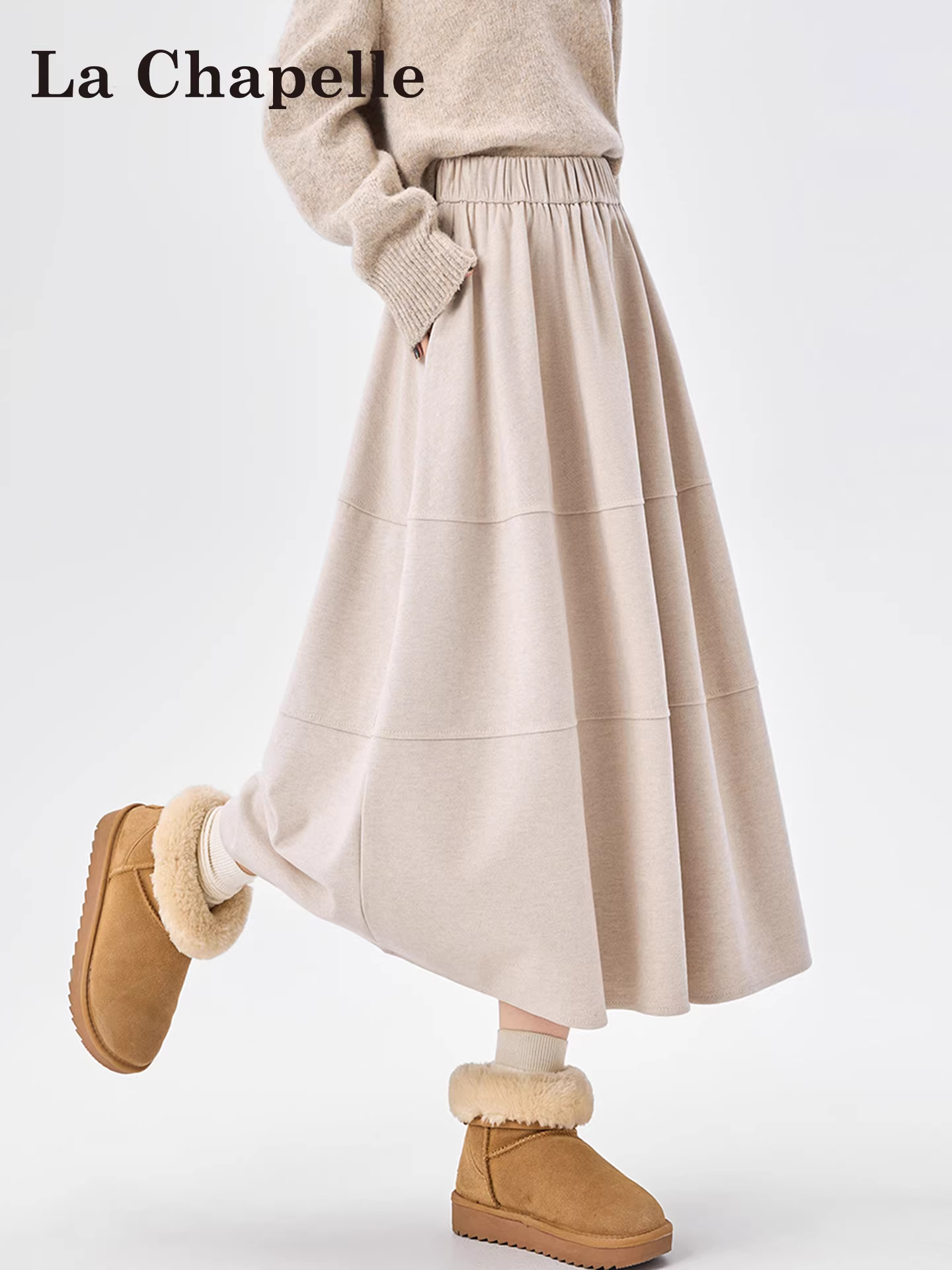 Váy len phối màu trắng La Chapelle dành cho nữ, mẫu mới thu đông 2025, cạp cao, dáng chữ A, midi, size nhỏ nhắn